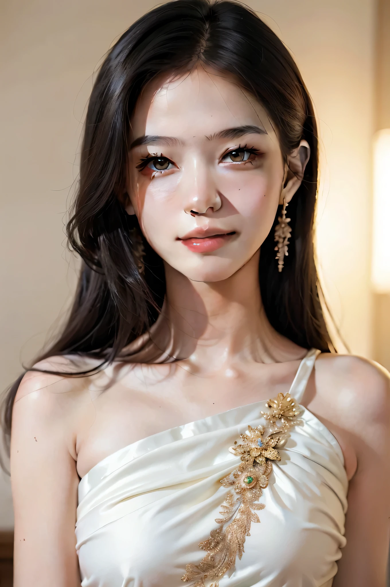 Best quality, masterpiece, ultra high res, (photorealistic:1.4), raw photo, 1girl, white dress, off shoulder, blossom flower field, glowing skin, light smile