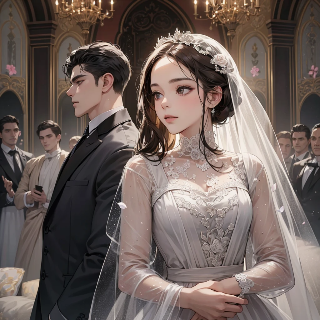 (ultra-detailed, best quality, high resolution), whole body, dynamic angle,Flowing and dynamic,cinematic,a woman and a man standing in the middle of a beautiful wedding venue, (masterpiece:1.4), intricately detailed wedding attire, the woman wearing a long white gown with lace details and a veil, the man wearing a tailored tuxedo, their faces expressing joy and love, the background adorned with colorful flowers and romantic decorations, (high resolution:1.4), the woman's shiny skin and the man's formal attire creating a striking contrast, the atmosphere filled with happiness and the promise of a lifetime commitment. (BREAK) Intimate moment, the couple exchanging a loving glance, Hands and arms accurately
