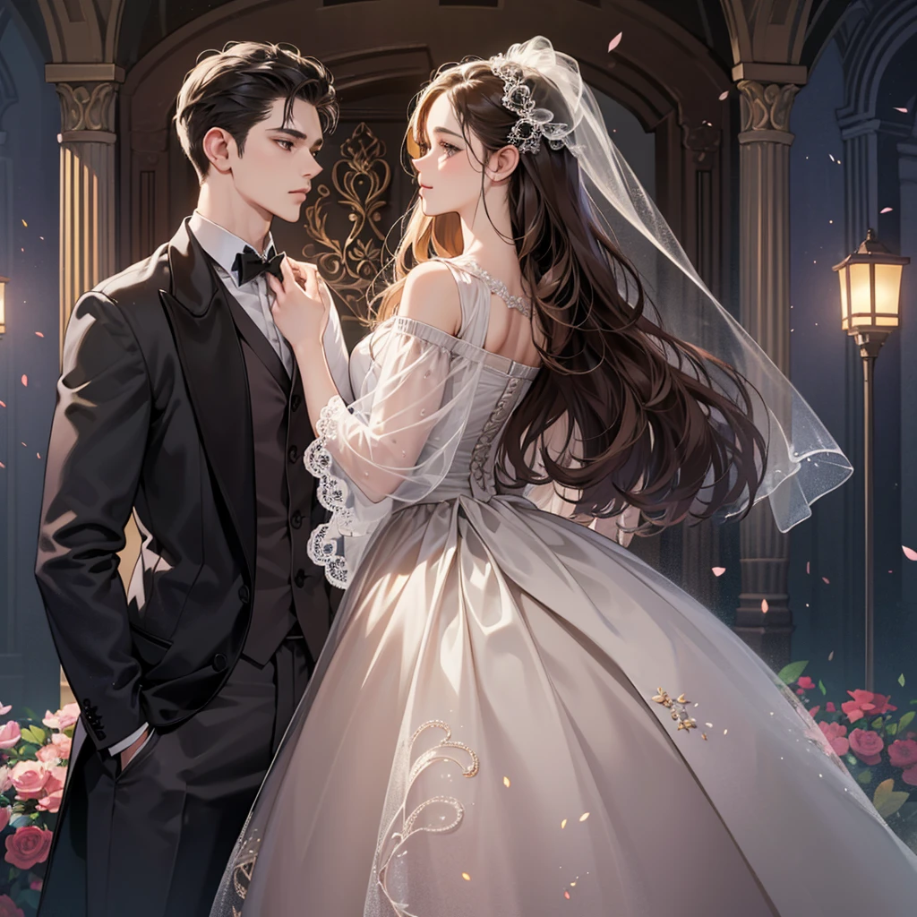 (ultra-detailed, best quality, high resolution), whole body, dynamic angle,Flowing and dynamic,cinematic,a woman and a man standing in the middle of a beautiful wedding venue, (masterpiece:1.4), intricately detailed wedding attire, the woman wearing a long white gown with lace details and a veil, the man wearing a tailored tuxedo, their faces expressing joy and love, the background adorned with colorful flowers and romantic decorations, (high resolution:1.4), the woman's shiny skin and the man's formal attire creating a striking contrast, the atmosphere filled with happiness and the promise of a lifetime commitment. (BREAK) Intimate moment, the couple exchanging a loving glance, Hands and arms accurately