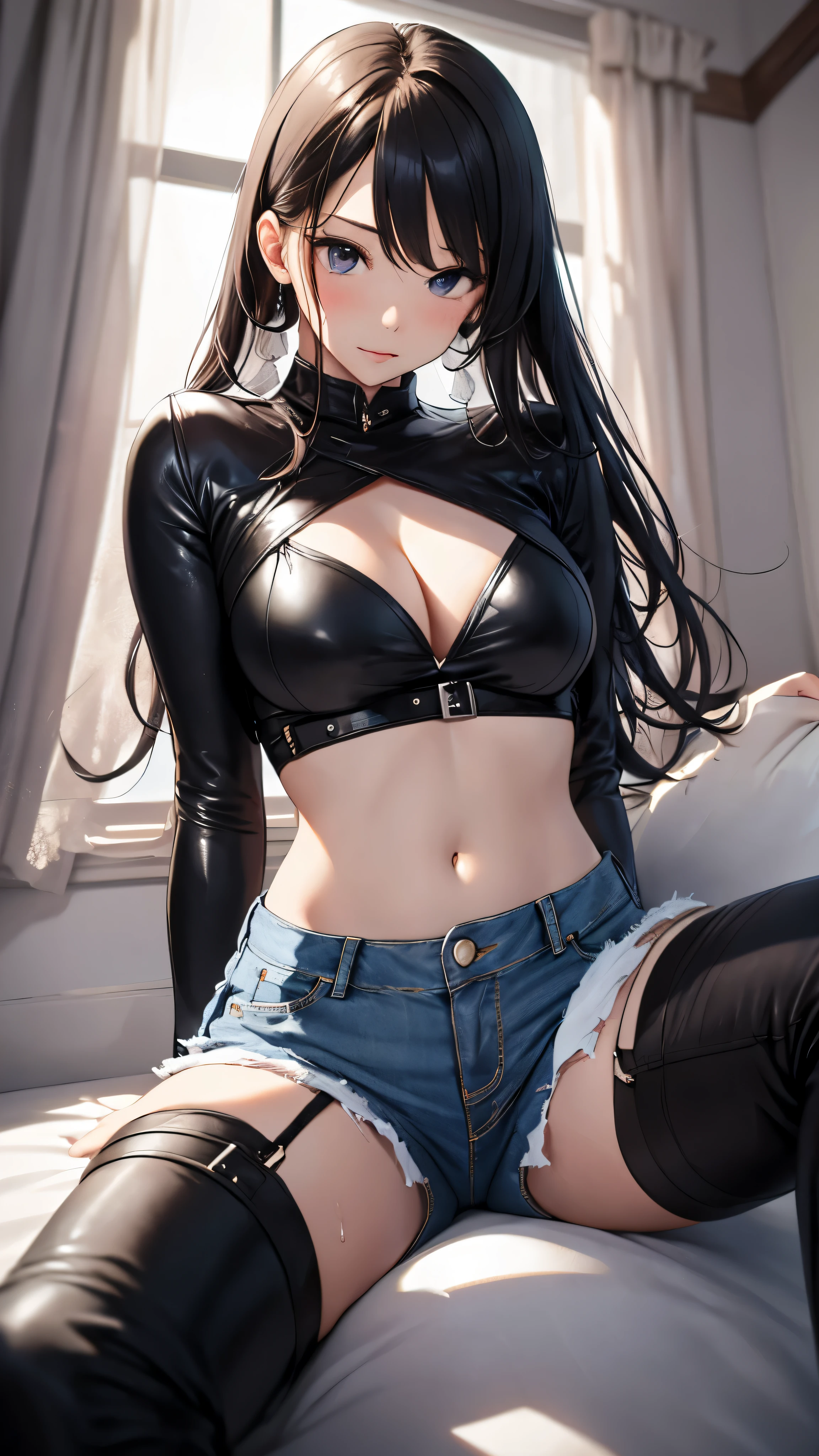 High resolution, woman , good lighting, despicable, , (No nudity), (((loose jeans micro shorts))), ((tight leather top)), (((leather thigh high boots))), (garter belt), abdomen only, (wet shorts),  ,  cute face, I&#39;Iは恥ずかしくて赤面します, humiliating, ((spread your legs)), (())