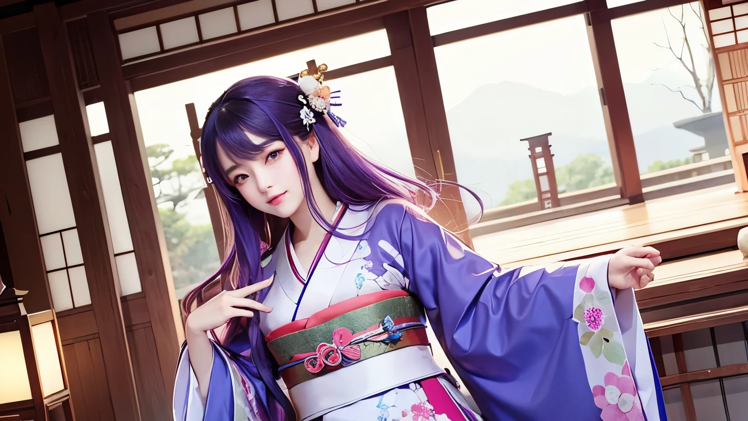 ((Raiden Shogun_GENSHIN IMPACT )) ((Cherry tree background )),(Raiden Shogun_genshin impact),((realistic, photorealistic)),(highlight hair)), Light reflection, (( HD )),((upper body)), (((best quality, masterpiece))), (masterpiece) (best quality) (detail) (8k) (HDR) (wallpaper) (cinematic lighting) (sharp focuasterpiece, best quality: 1.1), , solo,1girl,Falling cherry blossoms,purple hair,Hair highlights,soft colour