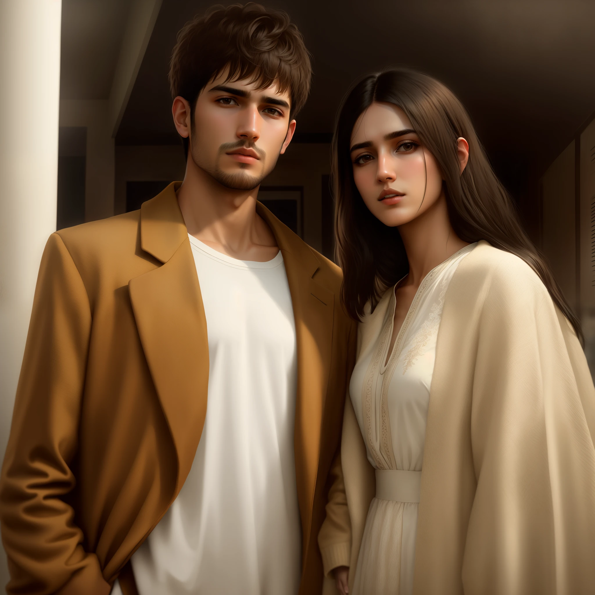 A 23 years old Man wearing Long brown Coat and white t- shirt, Rough short hairstyle standing with A 23 years old Girl , girl with (long black hairs) , Girl Wearing Pakistani Dress, High details, Cinematic look, ultra realistic, unreal engine 5, octane renderer