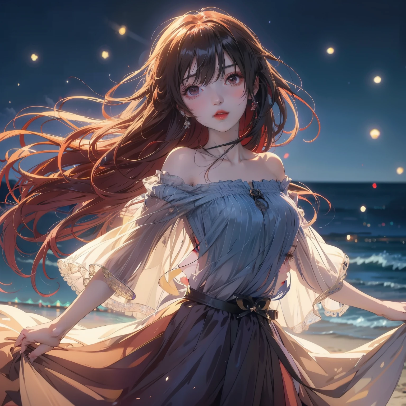 anime long hair girl standing on the beach at night, Beautiful anime girl, anime style 4k, 4k anime wallpaper, anime long hair girl, anime wallpaper 4k, Beautiful anime, anime wallpaper 4k, HD anime wallpaper, anime art wallpaper 8k, Beautiful anime portrait, Beautiful anime woman, Anime Art Wallpaper 4k, anime art wallpaper 4k