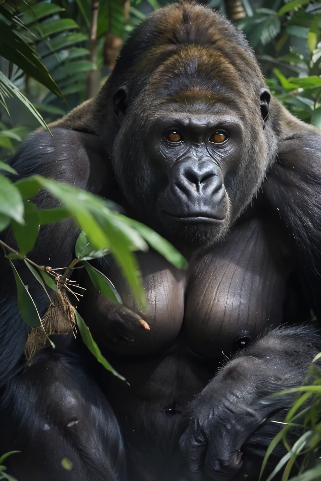 ((gorilla)), ((mega breasts)), //(breast squeeze:1.3), (chubby:1.2), Photo realistic, High resolution, detailed background, detailed beautiful skin, detailed nose, (solo shot:1.23), (((nice hand, perfect hand))), clear eyes,// in the jungle