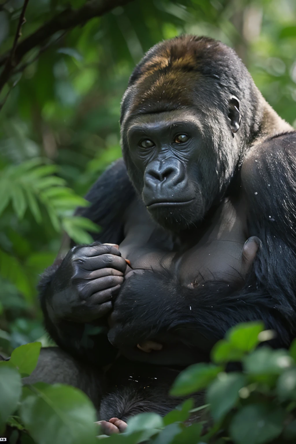 ((gorilla)), ((mega breasts)), //(breast squeeze:1.3), (chubby:1.2), Photo realistic, High resolution, detailed background, detailed beautiful skin, detailed nose, (solo shot:1.23), (((nice hand, perfect hand))), clear eyes,// in the jungle