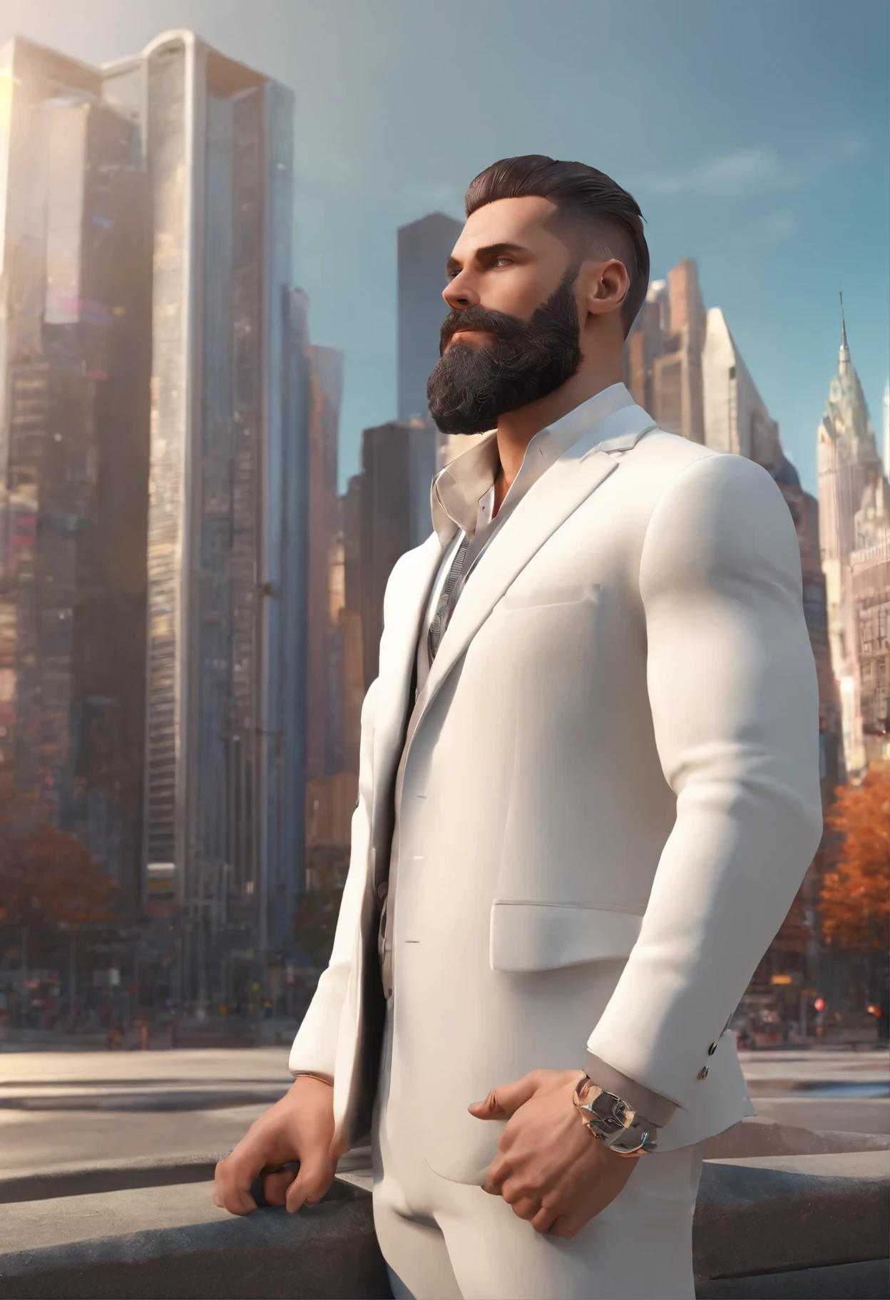 homme blanc, chauve avec longue barbe, veste de costume, muscle, jeune environ 30 ans, animated style, sexy, realistic, New York buildings, ciel mystique, I was thoughtful but determined, stoïque