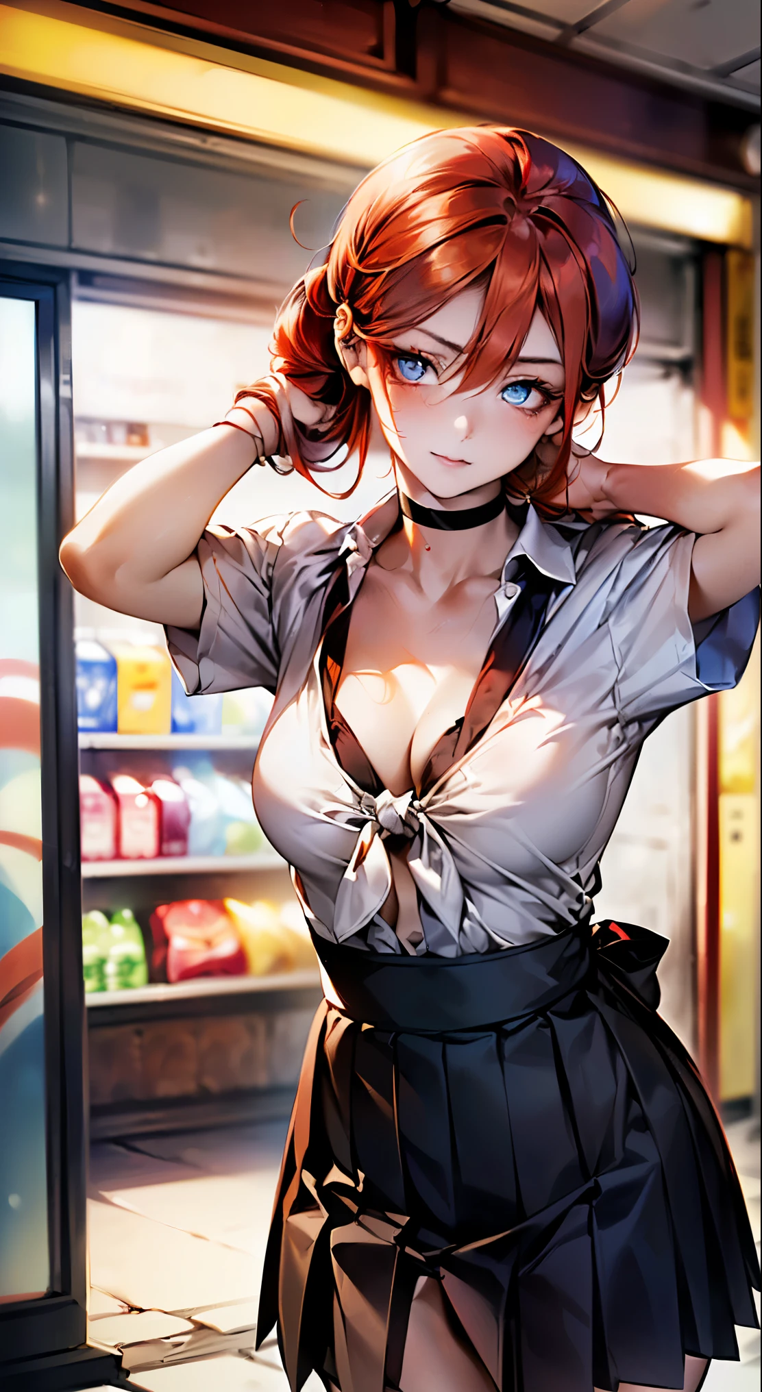 (masterpiece:1.2, highest quality), (realistic, photorealistic:1.4), beautiful illustrations,
looking at the viewer, whole body, Front view:0.6,
1 female, Japanese, ((Redhead chignon:1.9, while tying my hair:1.6)), blown hair, bangs, hair between eyes, big breasts,
beautiful hair, beautiful face, beautiful and detailed eyes, ((shining eyes:1.6)), beautiful clavicle, beautiful body, beautiful breasts, beautiful thighs, beautiful feet, beautiful fingers, (Inside a convenience store:1.4),
((collared short sleeve shirt:1.8, pleated skirt:1.6,apron:1.7, choker)),
(Are standing),
(stare at the viewer with a seductive expression:1.3)
