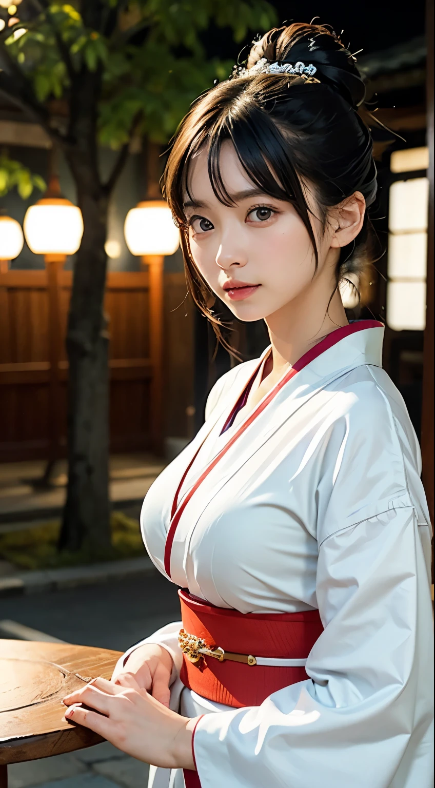 (table top, highest quality:1.4), beautiful face, 8k, 85mm, absurd, (white kimono、kimono、shrine maiden:1.4), Show the whole body, Angle from the side、show your shoulders,cleavage of the breast、towards the camera、 violaces, gardenia, delicate girl, alone, night, looking at the viewer, film grain, chromatic aberration, sharp focus, face light, professional lighting, Sophisticated, (smile:0.4), cleavage, (simple background, background bokeh:1.2), details face、huge breasts
