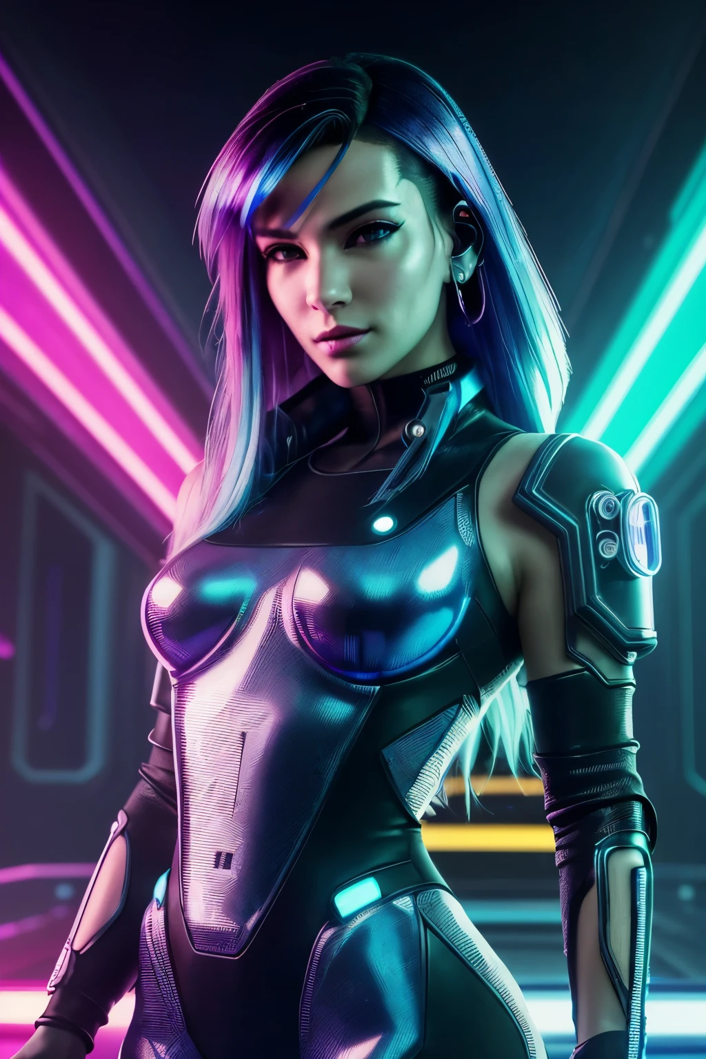 ((Cyberpunk femme fatale, 4k, Masterpiece, Sharp focus, 50mm lens, f/1.8, intricately detailed figure: 1.3)), neon lighting, ((cybernetic implants :1.1)), (futuristic jumpsuit:1.2), (spaceship background:1.2), holographic accessories, Highly detailed facial features:1.2, Glowing neon eyes:1.2, Super detailed cybernetic enhancements, Shimmering metallic skin:1.2, Holographic bangs, Long cyan hair with neon tips, Looking at viewer from the cockpit