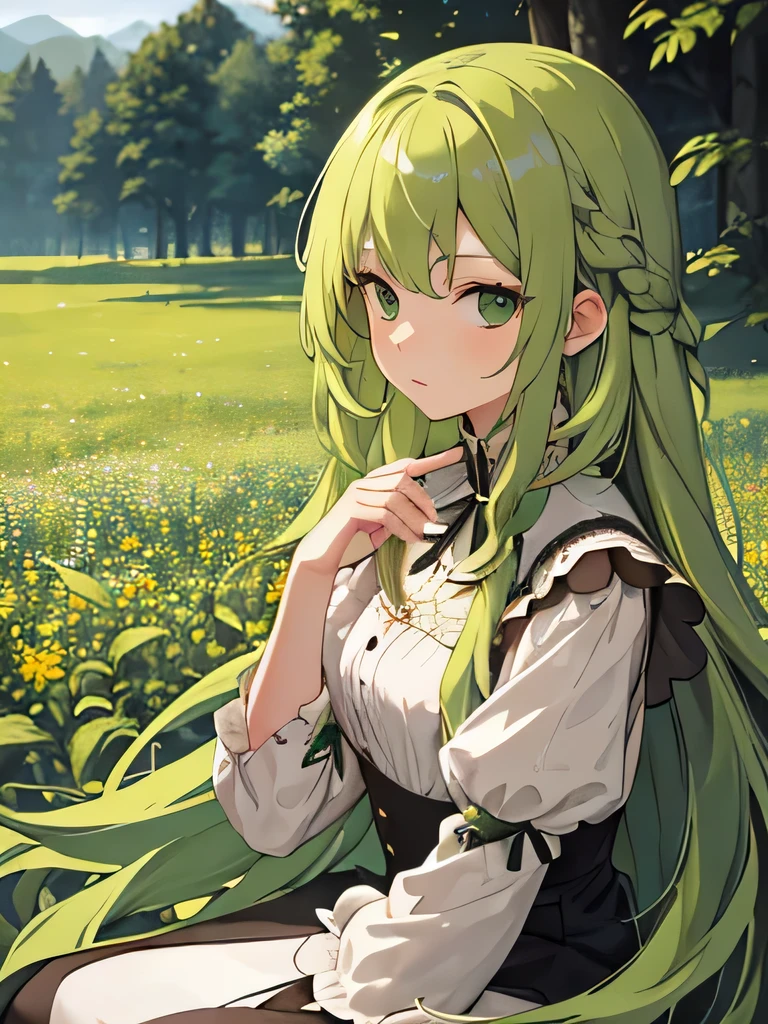 (masterpiece, best quality),1girl with long green hair sitting in a field of green plants and flowers, her hand under,looking to viewer, warm lighting, white and black dress, forest foreground, close up