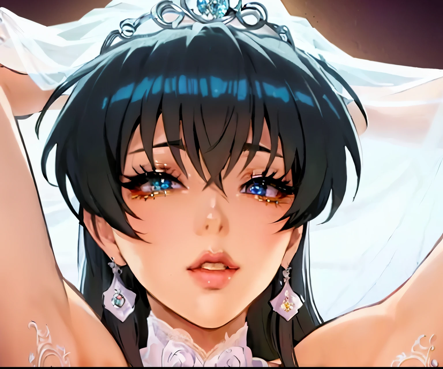 woman in a wedding dress with a veil on her head, seductive anime girl, Rei Hino as a princess, beautiful charming anime woman, best rating on pixiv, anime goddess, anime style ecchi, Kushart Krenz Kay Art for women, anime Mo artstyle, anime princess, Detailed digital anime art, manga digital art, beautiful detailed eyes, detailed face, Beautiful eyes