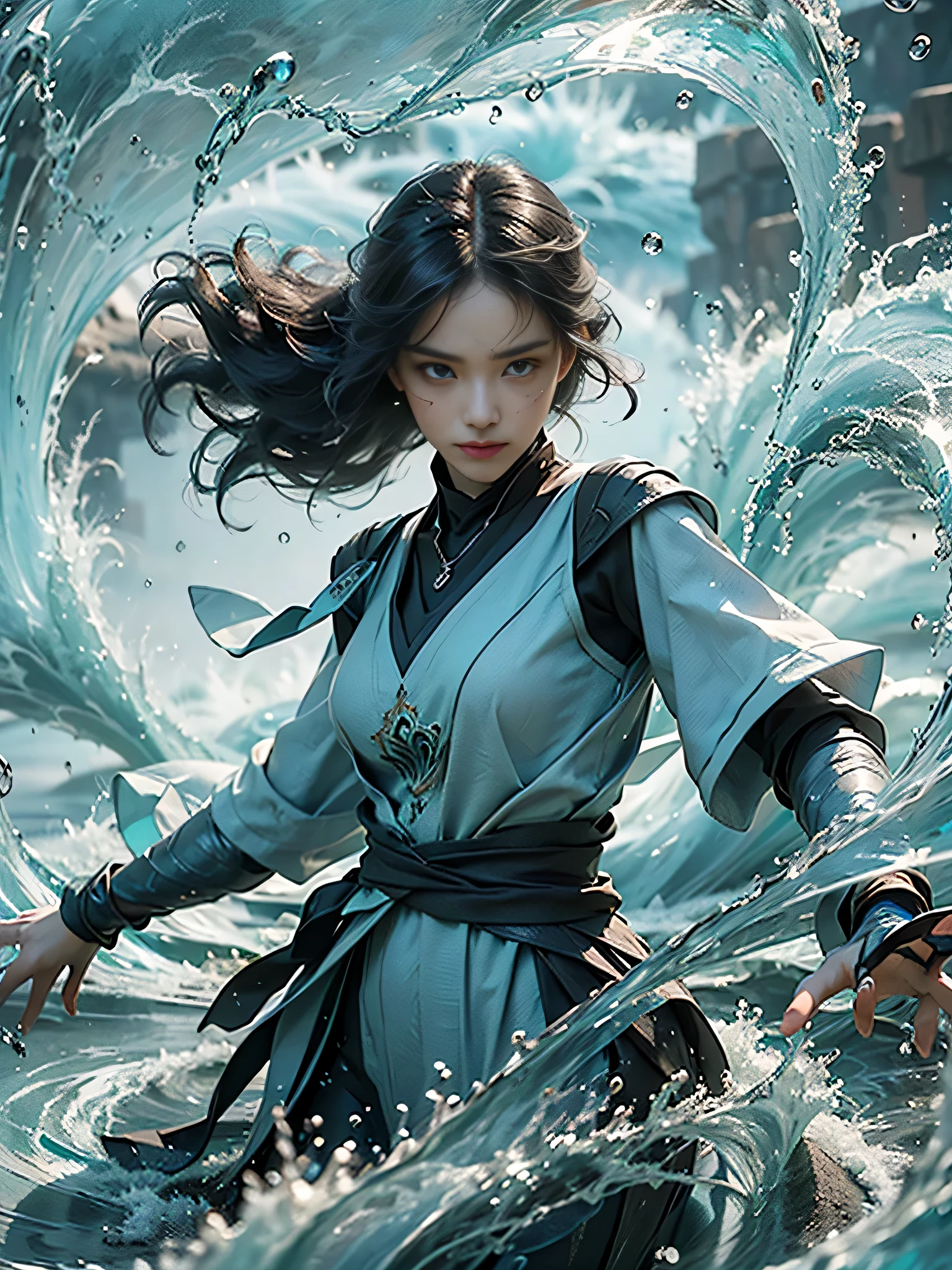 ((best quality)), ((masterpiece)), (detailed), (actual), (official art), (extremely detailed CG unity 8k wallpaper), (water magic:1.2), (Manipulating water:1.1), (Component control:1.2), (graceful movements:1.1), (aquatic beauty:1.2), (mysterious power:1.2), (Calm expression:1.1), (Flowing tides:1.2), (sparkling water droplets:1.2), (magic aura:1.1), (magic spell:1.2), (rippling waves:1.2), (magnificent water formation:1.1), (Emerging from the whirlpool of water:1.2), (Resonate with nature:1.2), (commanding the elements:1.2), (translucent veils:1.1), (Wisdom and strength:1.2), (glamor vortex:1.2), (Glow-glazed:1.1), (With the sea:1.2), (Mysterious origins:1.2), (balance:1.1), (the power of calm:1.2), (a mesmerizing spectacle:1.2), (Immerse yourself in liquid magic:1.1), (Embrace her destiny:1.2)