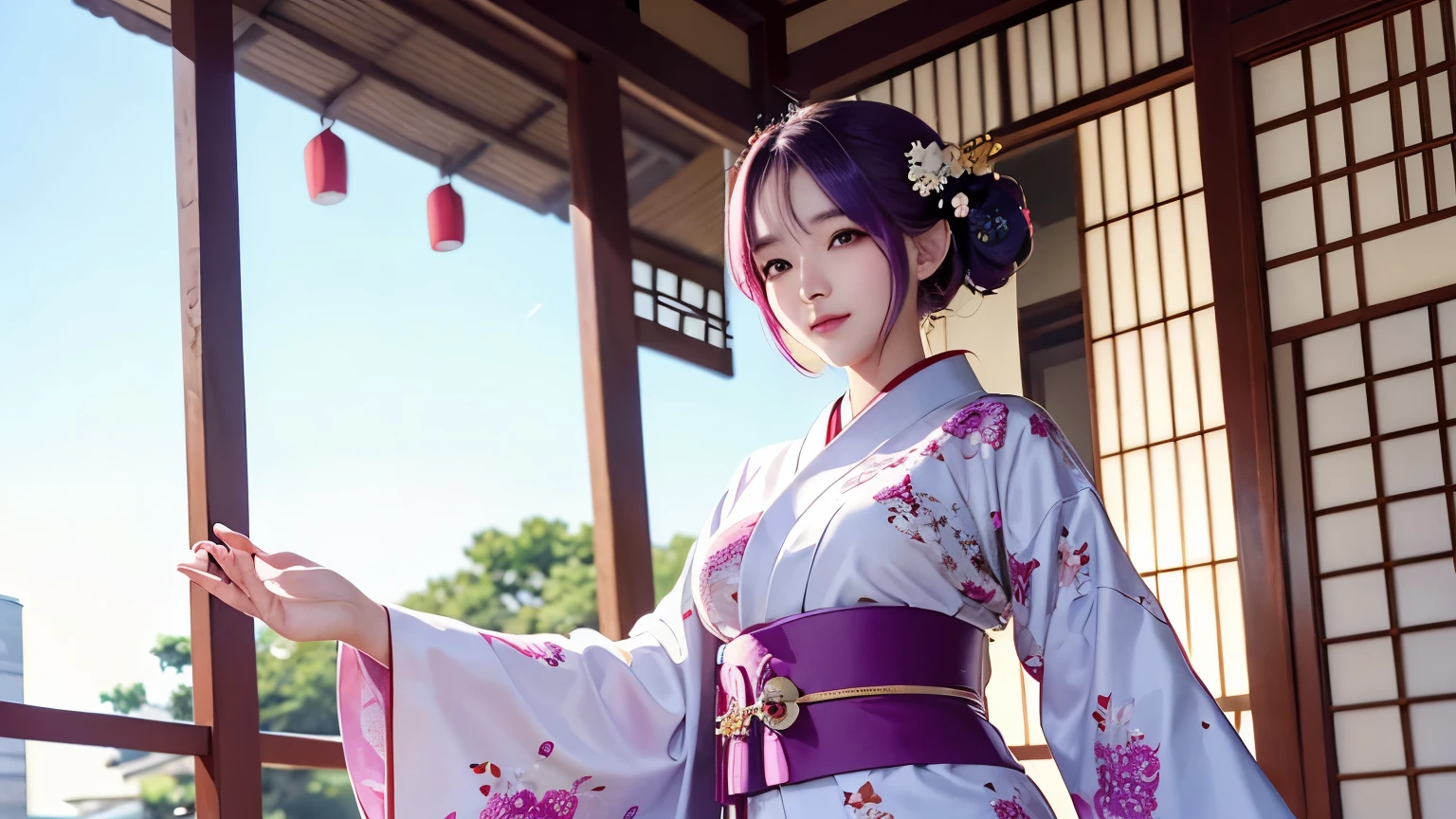 araffe woman in a kimono dress posing for a picture, in kimono, elegant japanese woman, wearing kimono, korean model, japanese kimono, japanese goddess, traditional japanese, in a kimono, wearing a kimono, pale and coloured kimono, white hanfu, kimono, wearing a simple robe, classic kimono, wearing a silk robe, wearing a simple robe, korean woman, Choi Hong Hwa , big breasts, show your chest, light purple hair、smile、beautiful eyes