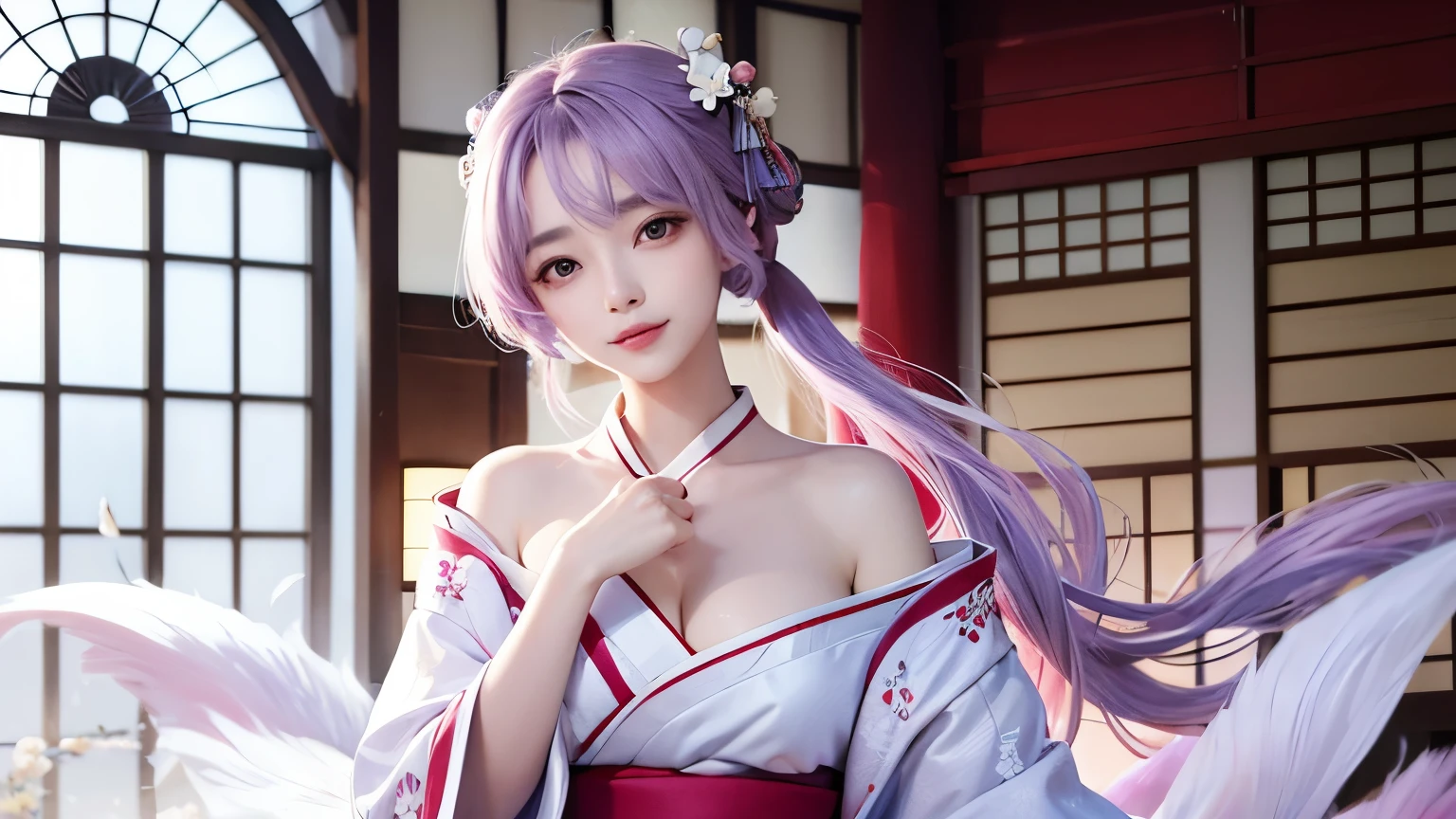 araffe woman in a kimono dress posing for a picture, in kimono, elegant japanese woman, wearing kimono, korean model, japanese kimono, japanese goddess, traditional japanese, in a kimono, wearing a kimono, pale and coloured kimono, white hanfu, kimono, wearing a simple robe, classic kimono, wearing a silk robe, wearing a simple robe, korean woman, Choi Hong Hwa , big breasts, show your chest, light purple hair、smile、beautiful eyes