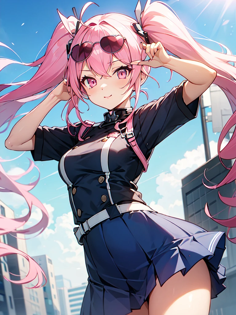 girl(Bremerton_\(Azur_Lane\, pink eyes, pink hair, twin tails, pink modern sunglasses, blue uniform, seductive)