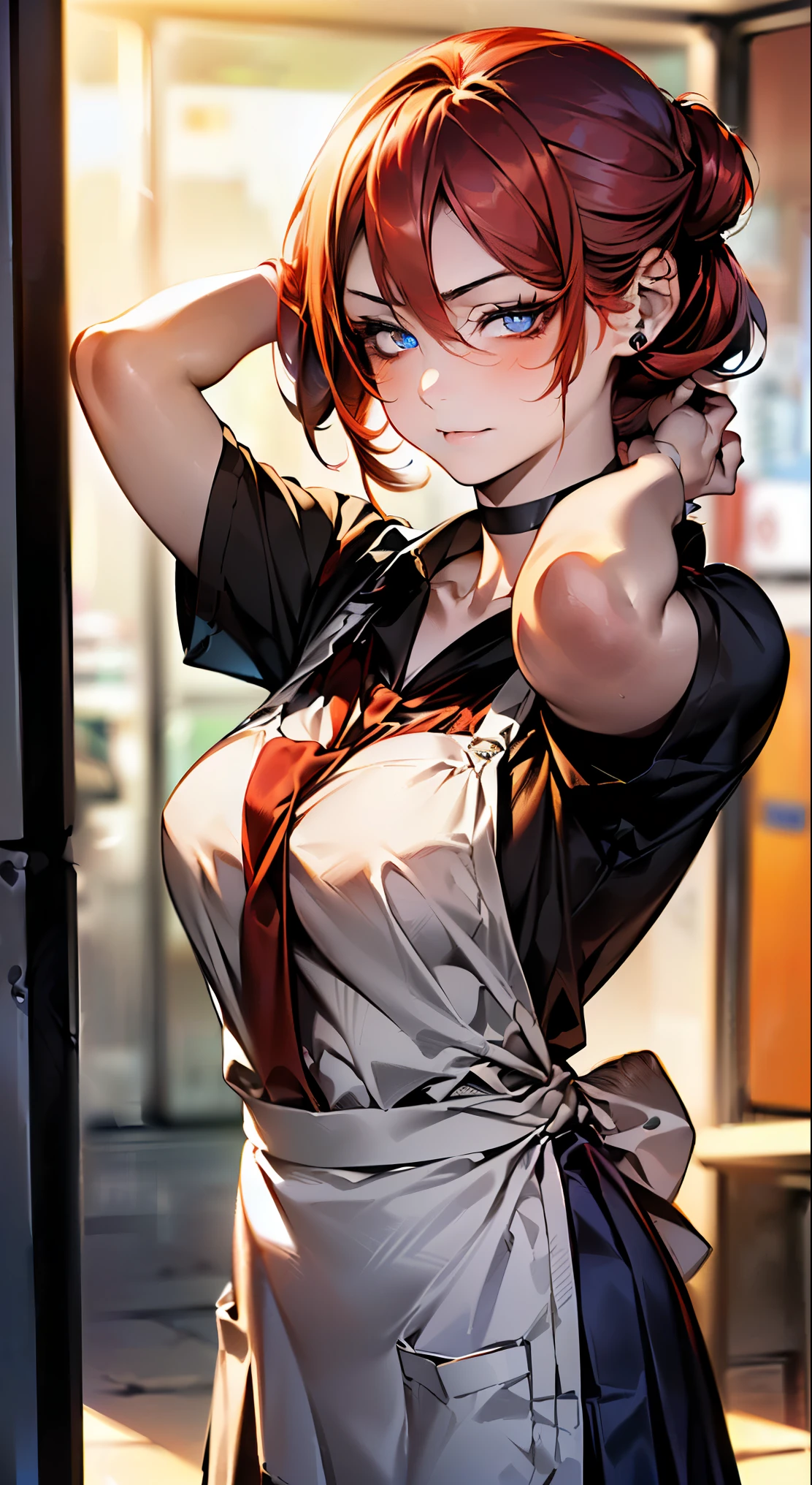 (masterpiece), (best quality), 1girl, yellow eyes, red hair, dark skin