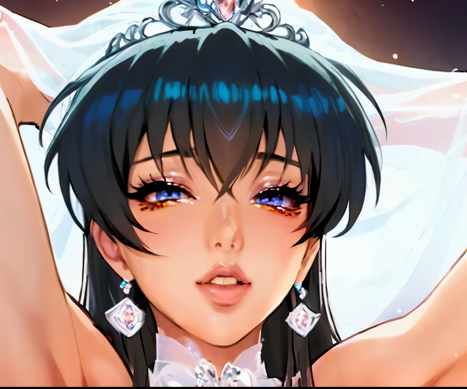 woman in a wedding dress with a veil on her head, seductive anime girl, Rei Hino as a princess, beautiful charming anime woman, best rating on pixiv, anime goddess, anime style ecchi, Kushart Krenz Kay Art for women, anime Mo artstyle, anime princess, Detailed digital anime art, manga digital art, beautiful detailed eyes, detailed face, Beautiful eyes