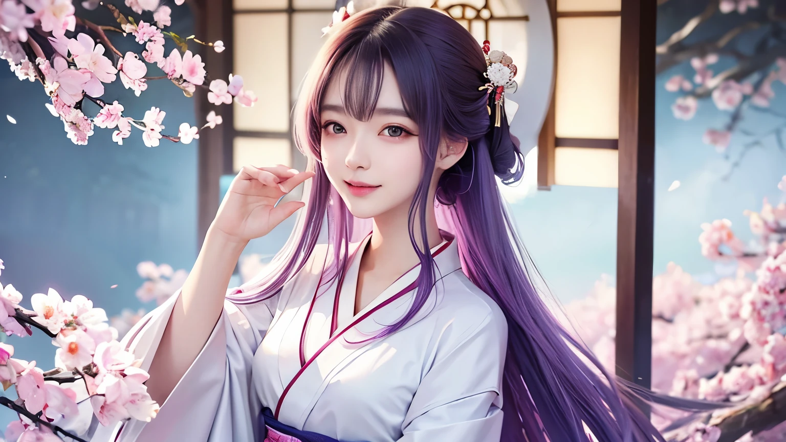 araffe woman in a kimono dress posing for a picture, in kimono, elegant japanese woman, wearing kimono, korean model, japanese kimono, japanese goddess, traditional japanese, in a kimono, wearing a kimono, pale and coloured kimono, white hanfu, kimono, wearing a simple robe, classic kimono, wearing a silk robe, wearing a simple robe, korean woman, Choi Hong Hwa , big breasts, show your chest, light purple hair、smile、beautiful eyes