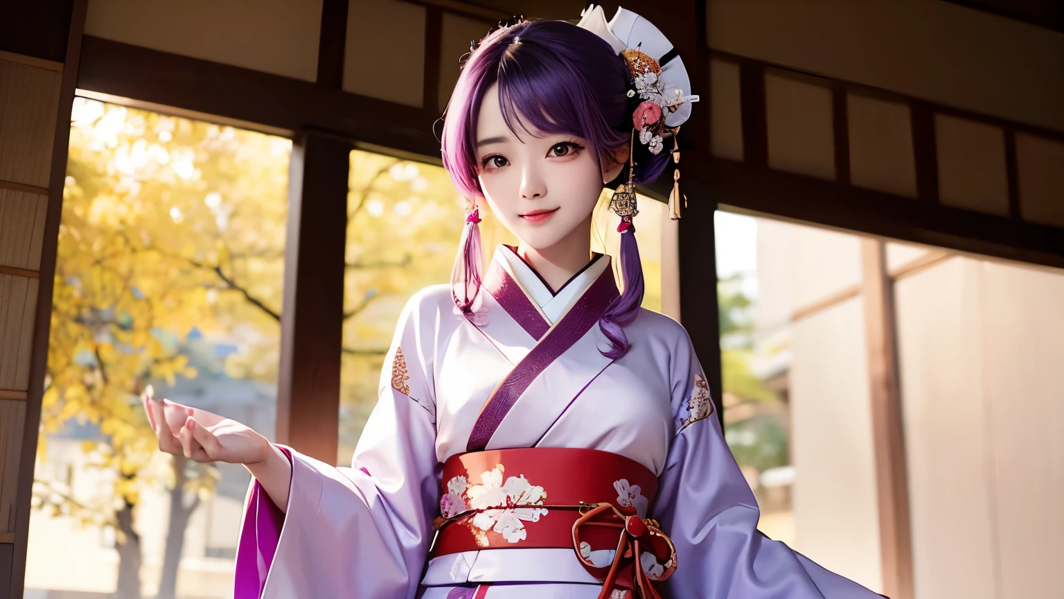 araffe woman in a kimono dress posing for a picture, in kimono, elegant japanese woman, wearing kimono, korean model, japanese kimono, japanese goddess, traditional japanese, in a kimono, wearing a kimono, pale and coloured kimono, white hanfu, kimono, wearing a simple robe, classic kimono, wearing a silk robe, wearing a simple robe, korean woman, Choi Hong Hwa , big breasts, show your chest, light purple hair、smile、beautiful eyes