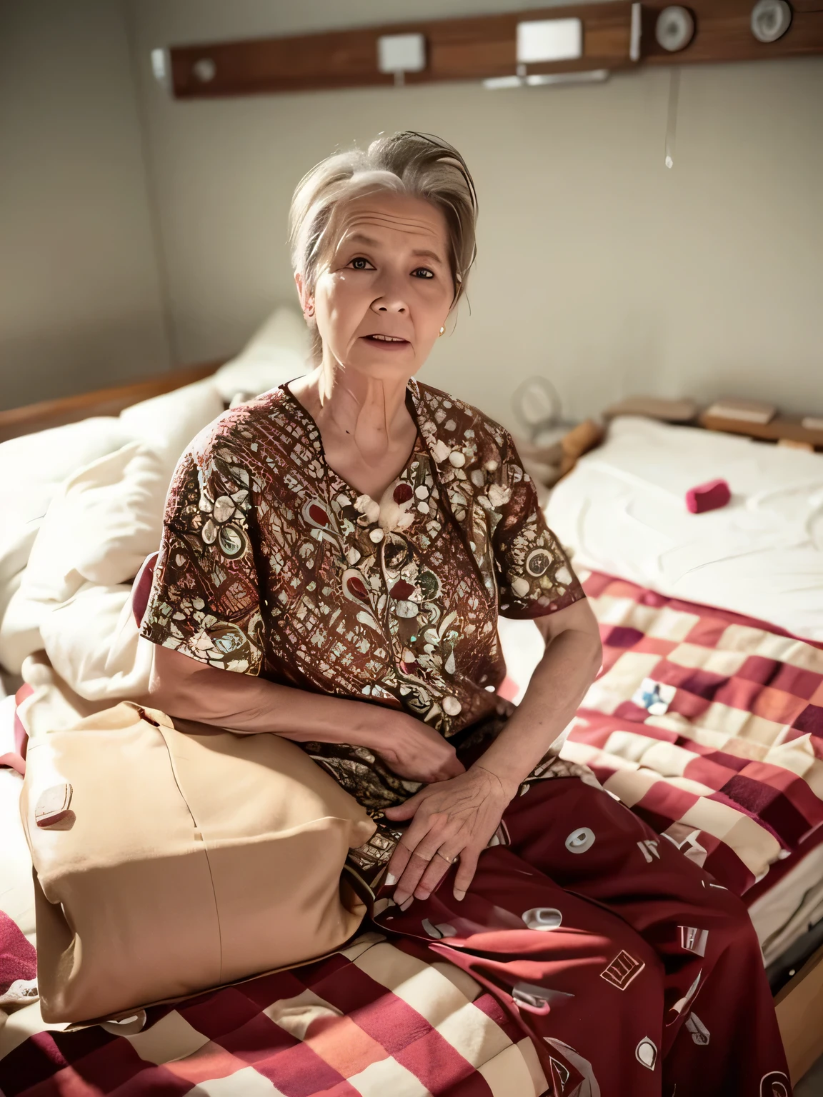 There is a woman sitting on the bed in the ward, old woman, old woman, Someone is sitting on the bed at home, an old man, old woman, old lady, Wearing high-end hospital gowns in the hospital,  She was about 70 years old, an old lady