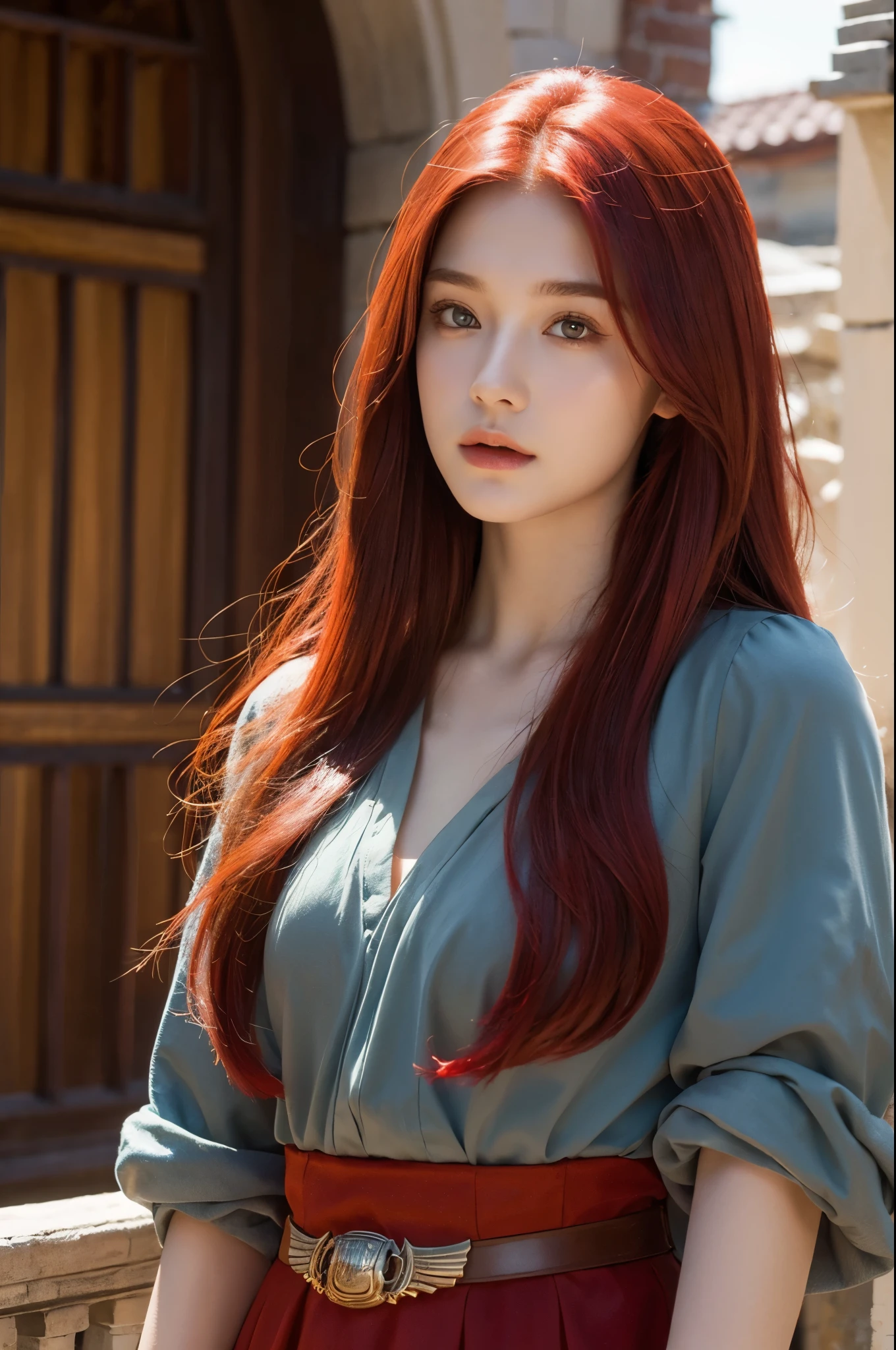 (best quality, masterpiece) perfect face, 18 year old girl, medium , Dragonlance environment, Red hair,