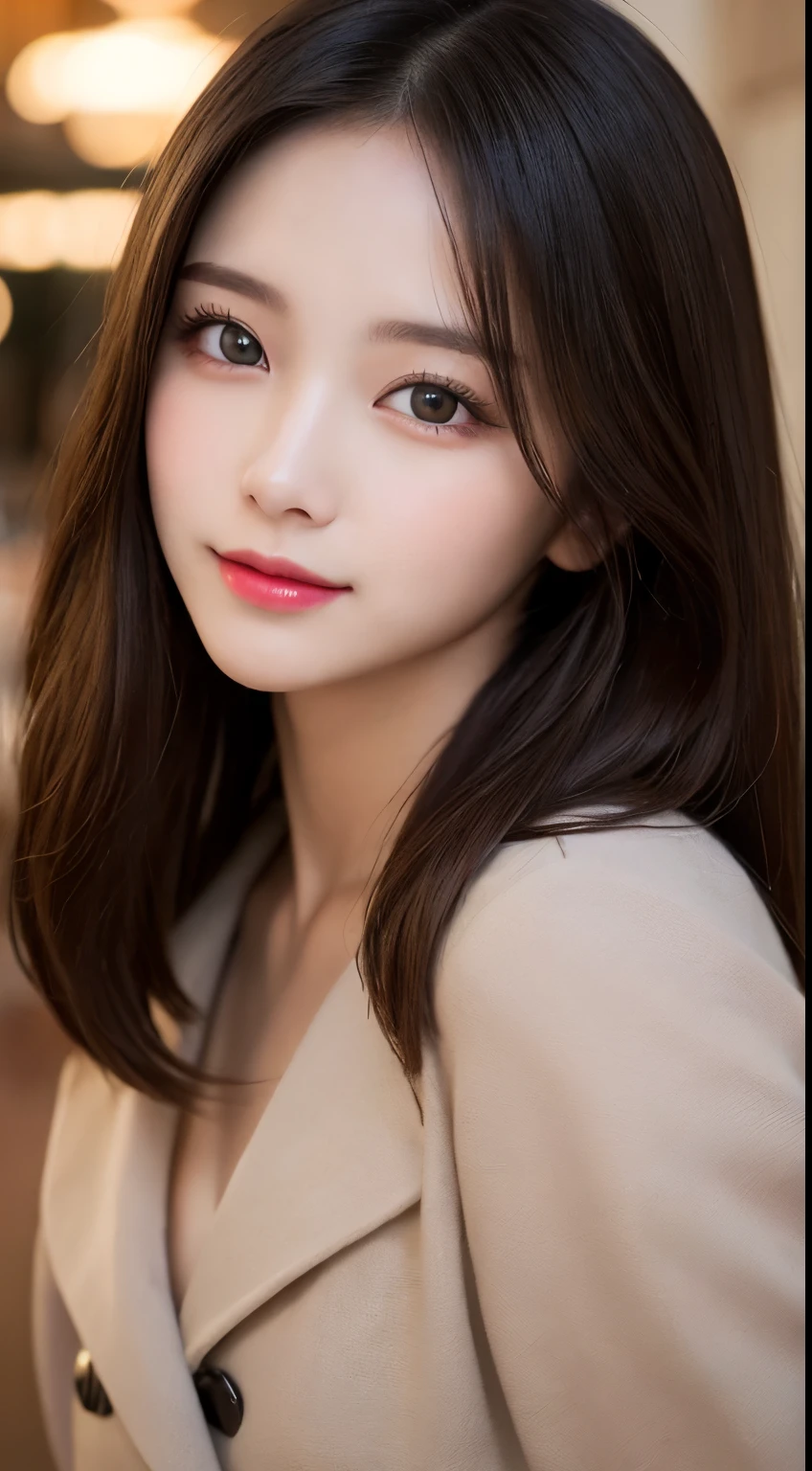 table top, highest quality, shape, Super detailed, finely, High resolution, 8k wallpaper, 完璧なダイナミックな構shape, beautiful and detailed eyes, Black fluffy latest trend winter clothes,straight hair,small breasts,natural color lip, bold sexy pose,smile、20 year old girl、cute、sexy shot looking at camera,Always blur the background,perfect and beautiful face,Take only the face,beautiful and detailed face、slim face and style,Big eyes、do gal makeup,real photos、luxury brand mink coat