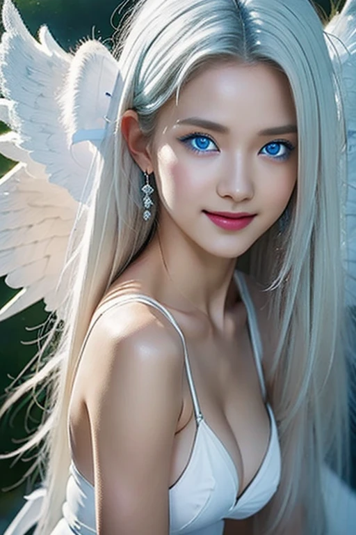 8k, Best Quality, Detailed, Ultra High Definition, Masterpiece, Random Angle, Elongated, Smiling, (Compensation: 0.4), (Fluffy Blue Eyes: 1.21), Big Blue Eyes, People Watching, ((Full Length)), One Girl, One Person, Close-Up Shot, (((High)), ((Slim Face ))), sharp face, sharp eyes, (((white hair, long hair, ))), ((detailed face)), small lips, (((small angel wings))), (((white dress, ))), detailed breasts, big tits, detailed buttocks, beautiful girl with slim abs highlighted: 1. 4, six pack abs: 1.4, bust botox Perfect body, slender legs, (((in heaven))), 18 years old, looks much younger than her age.