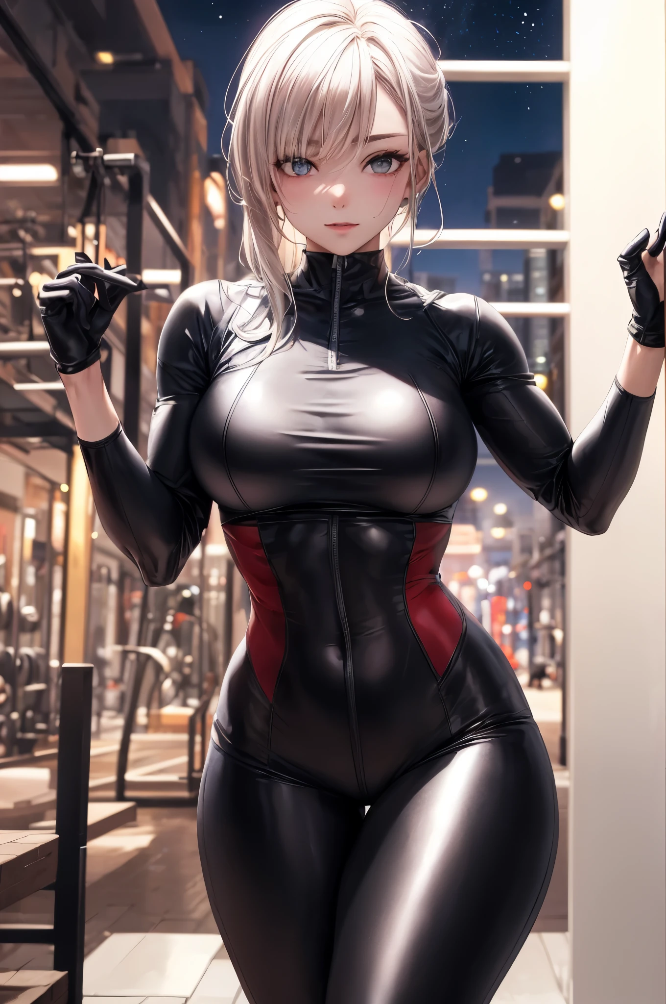 high detail, Full body, wearing (tight shirt:1.2), beautiful detailed face, hazel eyes, (attractive fitness woman:1.3), (seductive:1.1), (blushing:1.1), hourglass body shape, complete shiny aerobic black and red latex bodysuit, big round breasts