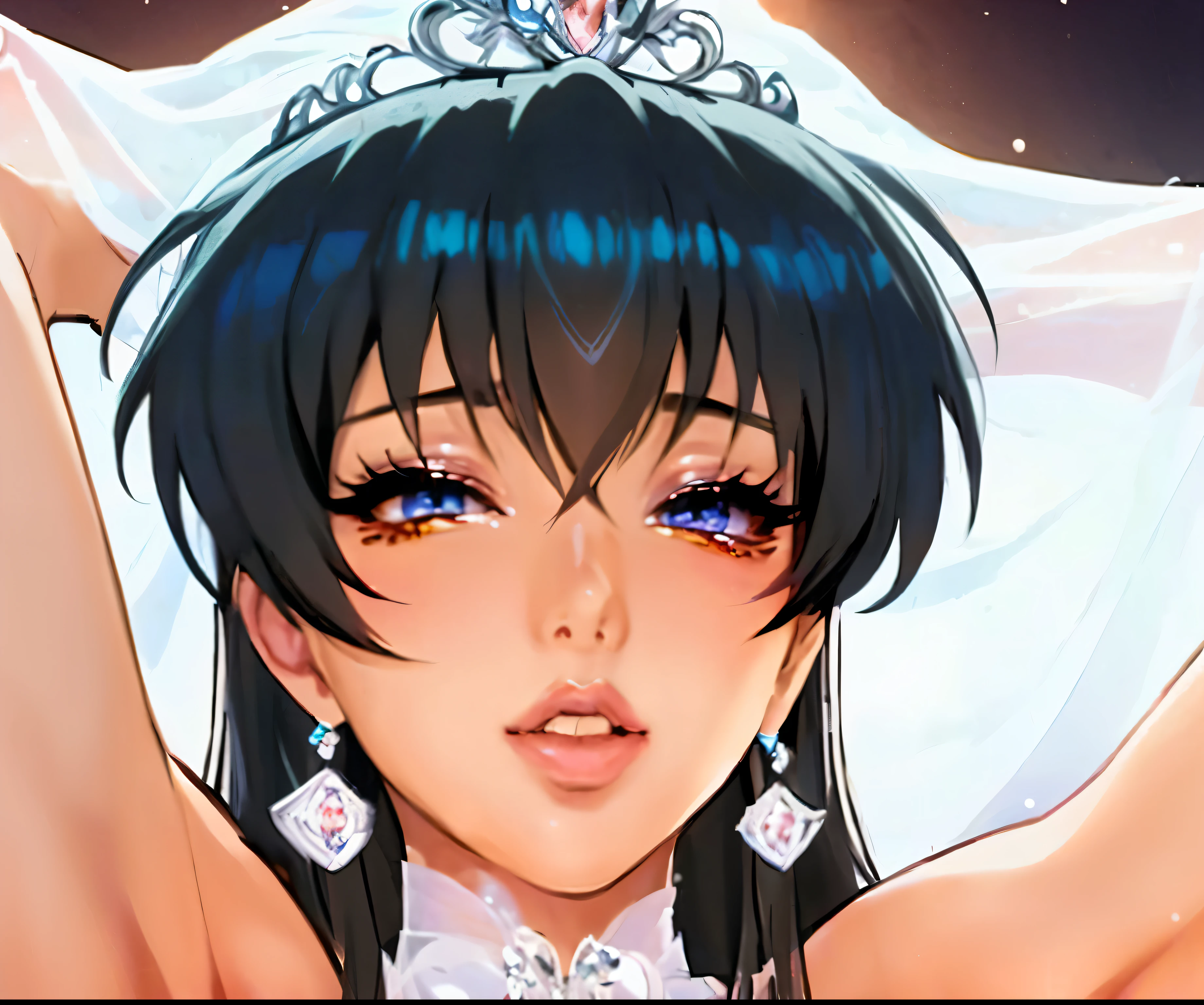 woman in a wedding dress with a veil on her head, seductive anime girl, Rei Hino as a princess, beautiful charming anime woman, best rating on pixiv, anime goddess, anime style ecchi, Kushart Krenz Kay Art for women, anime Mo artstyle, anime princess, Detailed digital anime art, manga digital art, beautiful detailed eyes, detailed face, Beautiful eyes