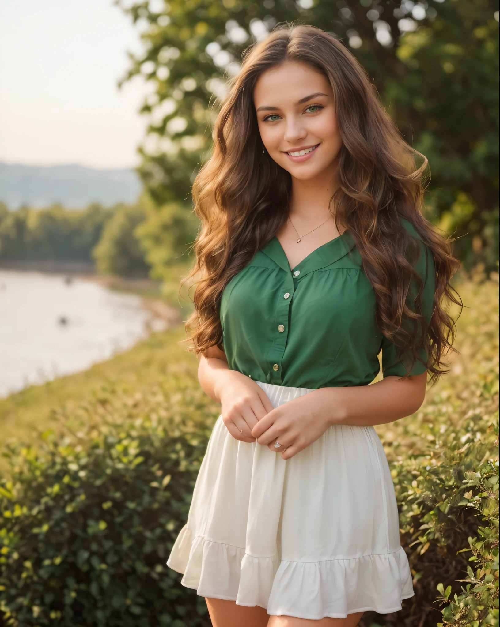 (masterpiece), (best quality), (RAW), (16k), (photo), (photorealistic), (ultra realistic), (high detail), (focus, HDR camera, (hight resolution), ISO 100, f/2.8, 85mm, 1/125s, instagram photo, dynamic pose ((only one young woman), (19 years old)), (high skin detail), (brunette, wavy hair, brown hair, (long hair), ((green eyes)), (high skin detail), ((brunette, wavy hair, brown hair)), (((smile))), (standing), (full body) , hard shadowasterpiece), (best quality), (RAW), (16k), (photo), (photorealistic), (ultra realistic), (high detail), (focus, HDR camera, (hight resolution), ISO 100, f/2.8, 85mm, 1/125s, instagram photo, dynamic pose ((only one young woman), (19 years old)), (high skin detail), (brunette, wavy hair, brown hair, (long hair), ((green eyes)), (high skin detail), ((brunette, wavy hair, brown hair)), (((happy))), (standing), (full body) , hard shadows, Today I stopped for a moment to reflect on the little things that make life so special. Every shared smile, every tight hug, every sunset I've been lucky enough to witness. It's amazing how, at the end of the day, it's these simple moments that fill our hearts with joy and gratitude. I want to thank all of you for being part of my journey and for bringing so many colors to my days. Let's spread love and positivity wherever we go!