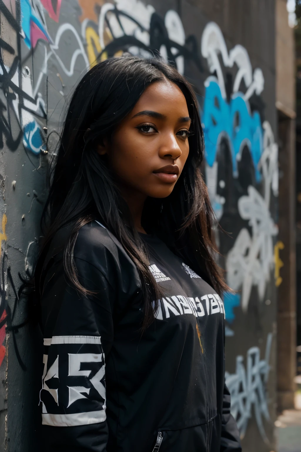 (best quality), beautiful ebony african girl with black dark skin and long black hair, masterpiece, extremely detailed CG uniform 8K illustration, high color, extremely high color saturation, all colors deepened, paint, graffiti art, center composition, extremely detailed light and shadow, graffiti wall, wall painted bright, 1 girl graffiti 1 girl looking at the wall, extremely detailed face and eyes, medium length hair, sportswear, colored clouds