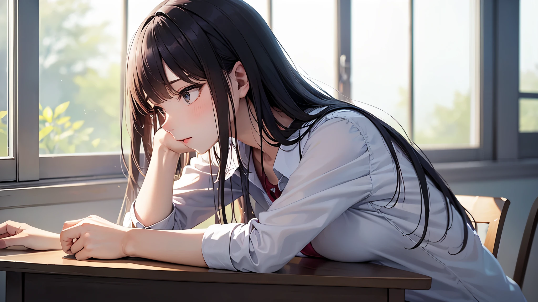a junior high school student, female, beautiful and cute, solo character, (wake up), sit at the desk, facing the camera in profile., with a slightly open cherry-like mouth, A few strands of hair hang on her face. The sunlight outside is exceptionally bright, ((side-shot)), atmospheric perspective, masterpiece, accurate, ((best quality)), high quality, super detail, high details, anatomically correct, highRes, 1080p,