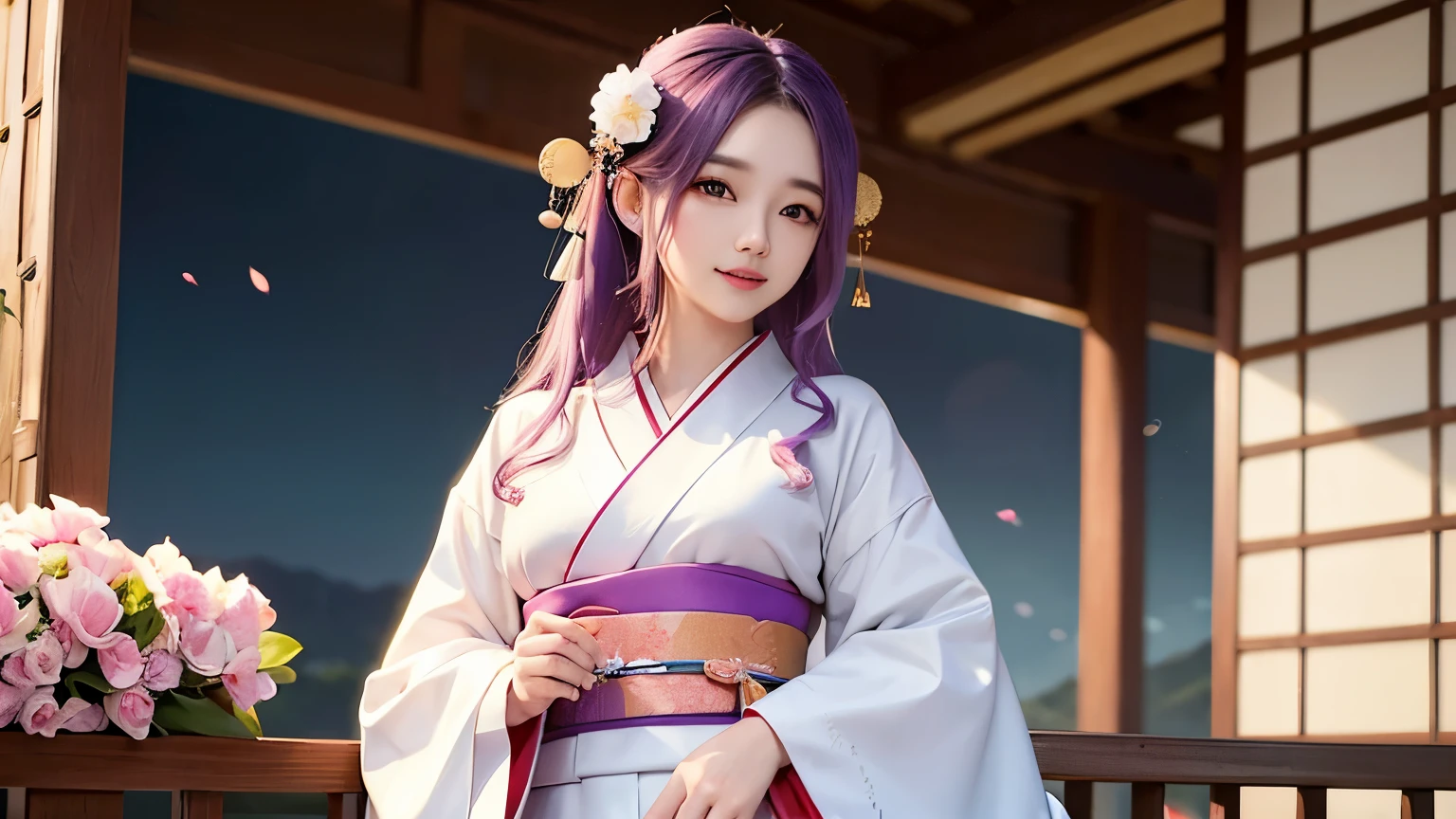 araffe woman in a kimono dress posing for a picture, in kimono, elegant japanese woman, wearing kimono, korean model, japanese kimono, japanese goddess, traditional japanese, in a kimono, wearing a kimono, pale and coloured kimono, white hanfu, kimono, wearing a simple robe, classic kimono, wearing a silk robe, wearing a simple robe, korean woman, Choi Hong Hwa , big breasts, show your chest, light purple hair、smile、beautiful eyes