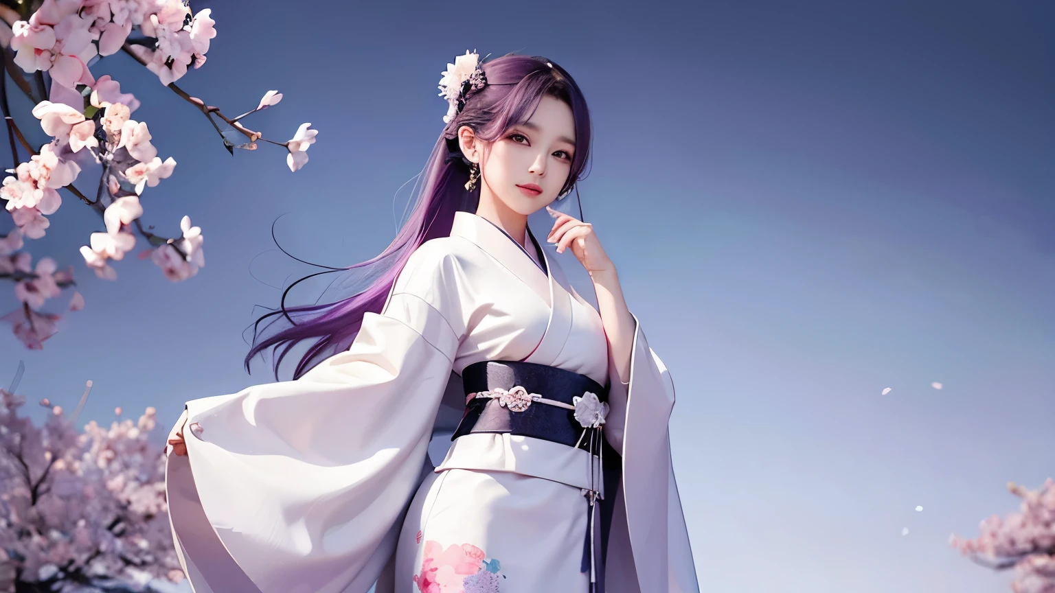 araffe woman in a kimono dress posing for a picture, in kimono, elegant japanese woman, wearing kimono, korean model, japanese kimono, japanese goddess, traditional japanese, in a kimono, wearing a kimono, pale and coloured kimono, white hanfu, kimono, wearing a simple robe, classic kimono, wearing a silk robe, wearing a simple robe, korean woman, Choi Hong Hwa , big breasts, show your chest, light purple hair、smile、beautiful eyes