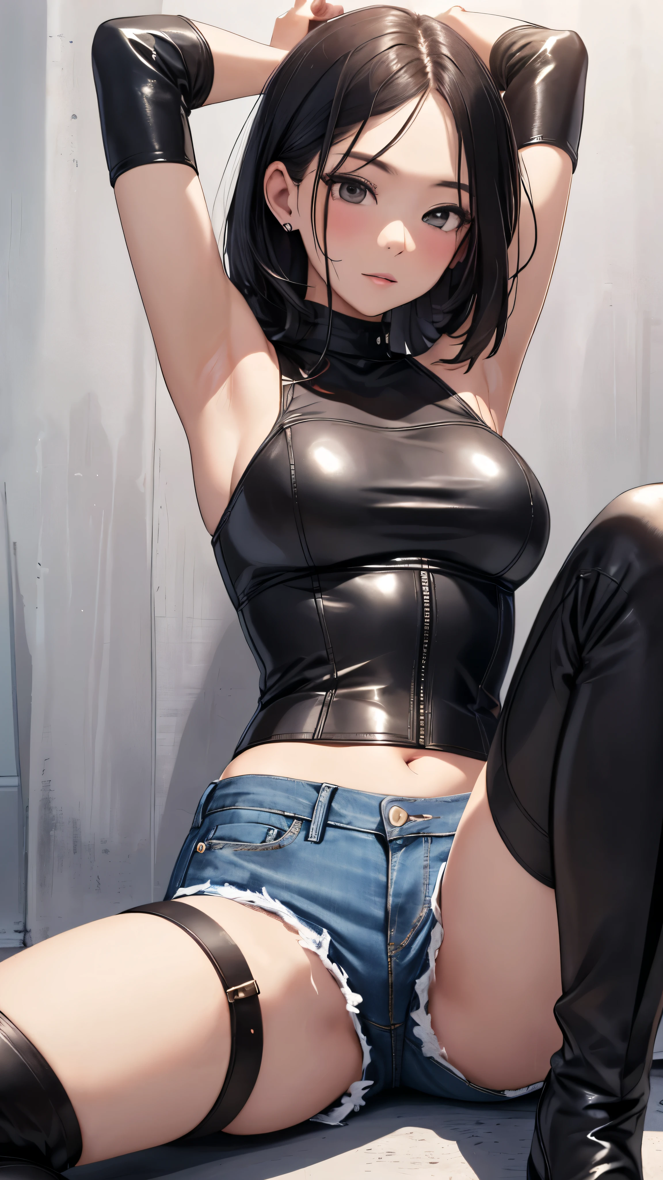 High resolution, woman , good lighting, despicable, , (No nudity), (((loose jeans micro shorts))), ((tight leather top)), (((leather thigh high boots))), (garter belt), abdomen only, (wet shorts),  ,  cute face, I&#39;Iは恥ずかしくて赤面します, humiliating, ((spread your legs)), ((I can see your panties))