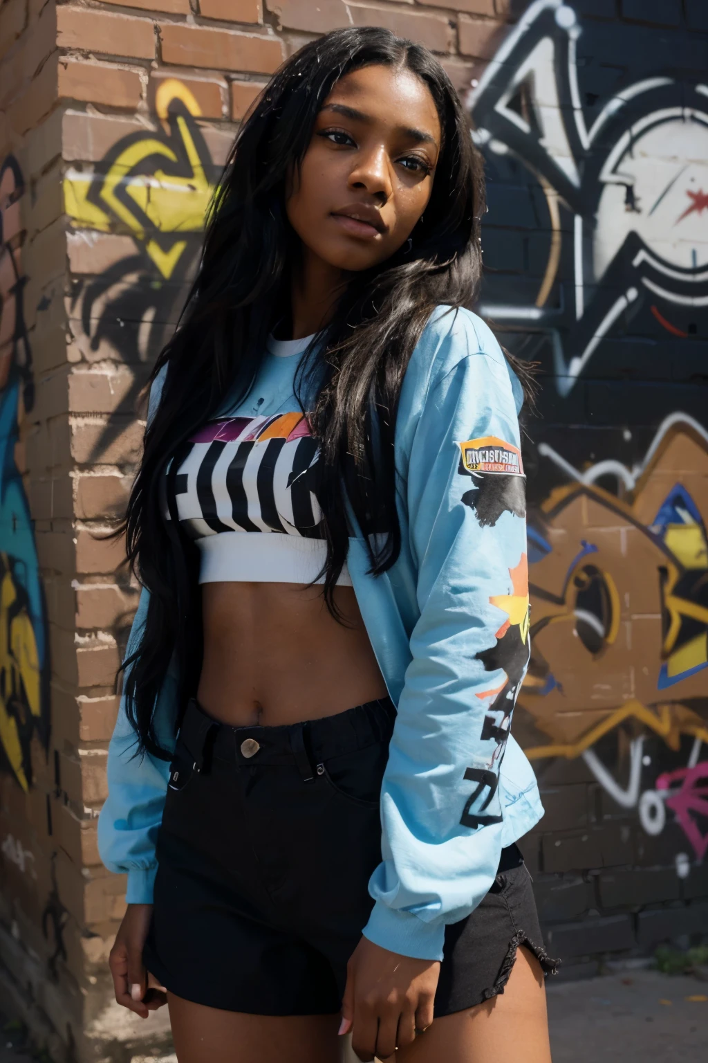 (best quality), beautiful ebony african girl with black dark skin and long black hair, masterpiece, extremely detailed CG uniform 8K illustration, high color, extremely high color saturation, all colors deepened, paint, graffiti art, center composition, extremely detailed light and shadow, graffiti wall, wall painted bright, 1 girl graffiti 1 girl looking at the wall, extremely detailed face and eyes, medium length hair, sportswear, colored clouds