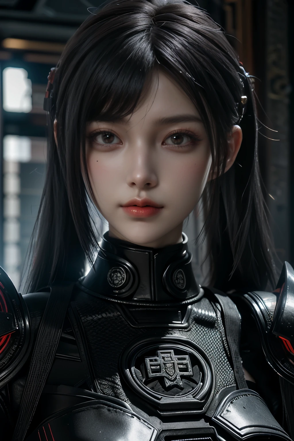 Masterpiece,Game art,The best picture quality,Highest resolution,8K,(Portrait),Unreal Engine 5 rendering works,(Digital Photography),((Portrait Feature:1.5)),
20 year old girl,Short hair details,With long bangs,(The red eye makeup is very meticulous),(With long gray hair:1.4),(Large, full breasts),Elegant and noble,Brave and charming,
(Future armor combined with the characteristics of ancient Chinese armor,Hollow design,Power Armor,The mysterious Eastern runes,A delicate dress pattern,A flash of magic),Warrior of the future,Cyberpunk figures,Background of war,
Movie lights，Ray tracing，Game CG，((3D Unreal Engine))，OC rendering reflection pattern