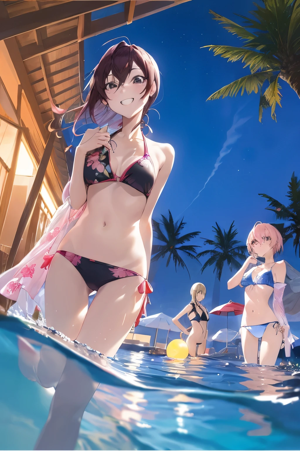 (masterpiece:1.2),best quality,PIXIV,who,
miyamoto frederica,hayami kanade,swimsuit,bikini,multiple girls,breasts,palm tree,ichinose shiki,tree,smile,night,jougasaki mika,sky,bangs,pink hair,long hair,looking at viewer,5girls,blonde hair,yellow eyes,green eyes,cup,blue eyes,flower,shiomi syuko,night sky,short hair,outdoors,parted bangs,open mouth,hair ornament,medium breasts,navel,hair flower,ahoge,hair between eyes,black bikini,water,blush,drinking glass,brown hair,jewelry,cleavage,v,blue bikini,partially submerged,bare shoulders,nail polish,wading,black hair,star (sky),ball,pool,collarbone,large breasts,holding cup,o-ring,:d,open clothes,starry sky,white bikini,standing,drinking straw,off shoulder,striped bikini,grin,floral print,wavy hair,earrings,braid,eyelashes,holding,pink nails,pink bikini,beachball,