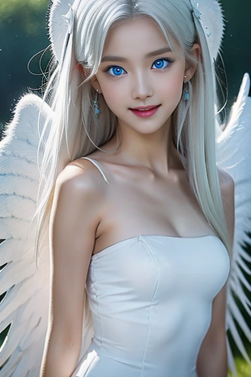 8k, Best Quality, Detailed, Ultra High Definition, Masterpiece, Random Angle, Elongated, Smiling, (Compensation: 0.4), (Fluffy Blue Eyes: 1.21), Big Blue Eyes, People Watching, ((Full Length)), One Girl, One Person, Close-Up Shot, (((High)), ((Slim Face ))), sharp face, sharp eyes, (((white hair, long hair, ))), ((detailed face)), small lips, (((small angel wings))), (((white dress, ))), detailed breasts, big tits, detailed buttocks, beautiful girl with slim abs highlighted: 1. 4, six pack abs: 1.4, bust botox Perfect body, slender legs, (((in heaven))), 18 years old, looks much younger than her age.
