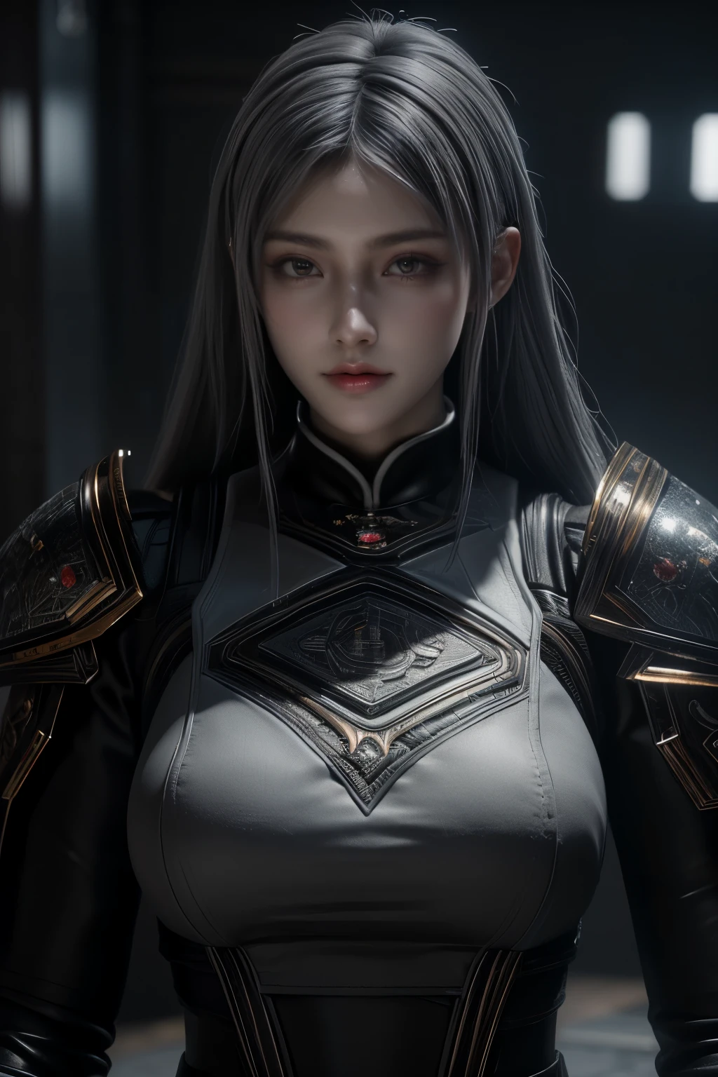 Masterpiece,Game art,The best picture quality,Highest resolution,8K,(Portrait),Unreal Engine 5 rendering works,(Digital Photography),((Portrait Feature:1.5)),
20 year old girl,Short hair details,With long bangs,(The red eye makeup is very meticulous),(With long gray hair:1.4),(Large, full breasts),Elegant and noble,Brave and charming,
(Future armor combined with the characteristics of ancient Chinese armor,Hollow design,Power Armor,The mysterious Eastern runes,A delicate dress pattern,A flash of magic),Warrior of the future,Cyberpunk figures,Background of war,
Movie lights，Ray tracing，Game CG，((3D Unreal Engine))，OC rendering reflection pattern