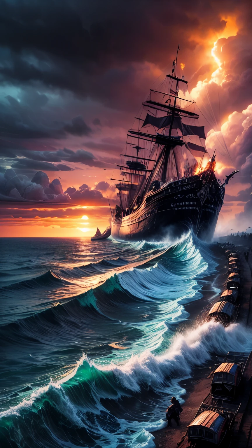 a viking ship sailing towards the English shore,detailed viking warriors with menacing expressions and powerful weapons,shimmering waves reflecting the sunlight,huge sea waves crashing against the ship's hull,stormy dark skies with lightning bolts,raging sea with white foam,smoke rising from burning English villages,ruined English castles and fortresses,determined viking leader with a long beard and battle scars,bloodied swords and shields lying on the ground,wounded English soldiers in desperate defense,burning arrows flying towards the viking ship,distant English countryside with rolling hills and green fields,fierce battle cries and clashes of weapons,thunderous roars of viking warships,ominous black ravens soaring above the battlefield,ominous war drums reverberating through the air,massive viking army on the march,conquered English prisoners in chains,scattered treasures and loot from plundered English towns,smoke-filled sky illuminated by the burning English countryside,roaring viking bonfires lighting up the night,dense forests hiding viking ambushes,golden sunrise breaking through the stormy clouds,ancient ruins of a viking settlement,fortified viking longhouses with thatched roofs,roaring bonfires illuminating the viking camp,wind-swept cliffs overlooking the turbulent sea,moody and dramatic lighting evoking a sense of danger and adventure,authentic viking clothing and helmets adorned with intricate designs,dragon-headed viking warships with fierce-looking figureheads,golden sunset casting a warm glow on the victorious viking warriors,mythical creatures from Norse mythology accompanying the viking army,strong winds blowing through viking sails,powerful storms challenging the viking fleet,bustling viking market filled with exotic goods and treasures,cool and misty sea breeze filling the air,majestic viking longships sailing in formation,bearded viking warriors with braided hair and battle scars,mysterious rune inscriptions decorating viking weapons,alpha:1.2,best quality:1.2,highres:1.2,sharp focus:1.1,vivid colors:1.1,(photorealistic:1.2),(historical accuracy:1.1),(epic:1.2),(large scale:1.1)
