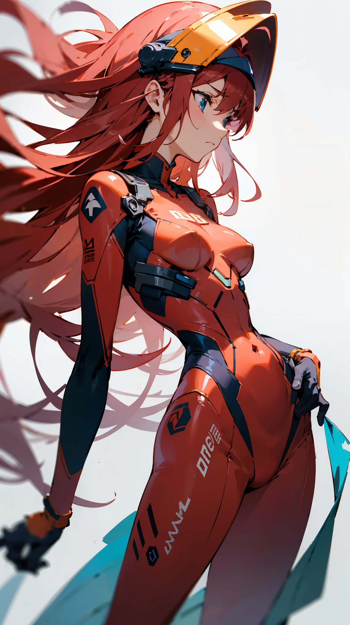 masterpiece, best quality, best quality, masterpiece, highres, focus, anime style, an anime girl with vibrant, flowing hair wearing a sleek red hazard suit that fits snugly around her body. The suit is adorned with intricate details, and she wears a matching helmet with a transparent visor that reveals a determined expression. The character's posture exudes confidence, and the transparent background allows for versatile use in various settings or compositions.