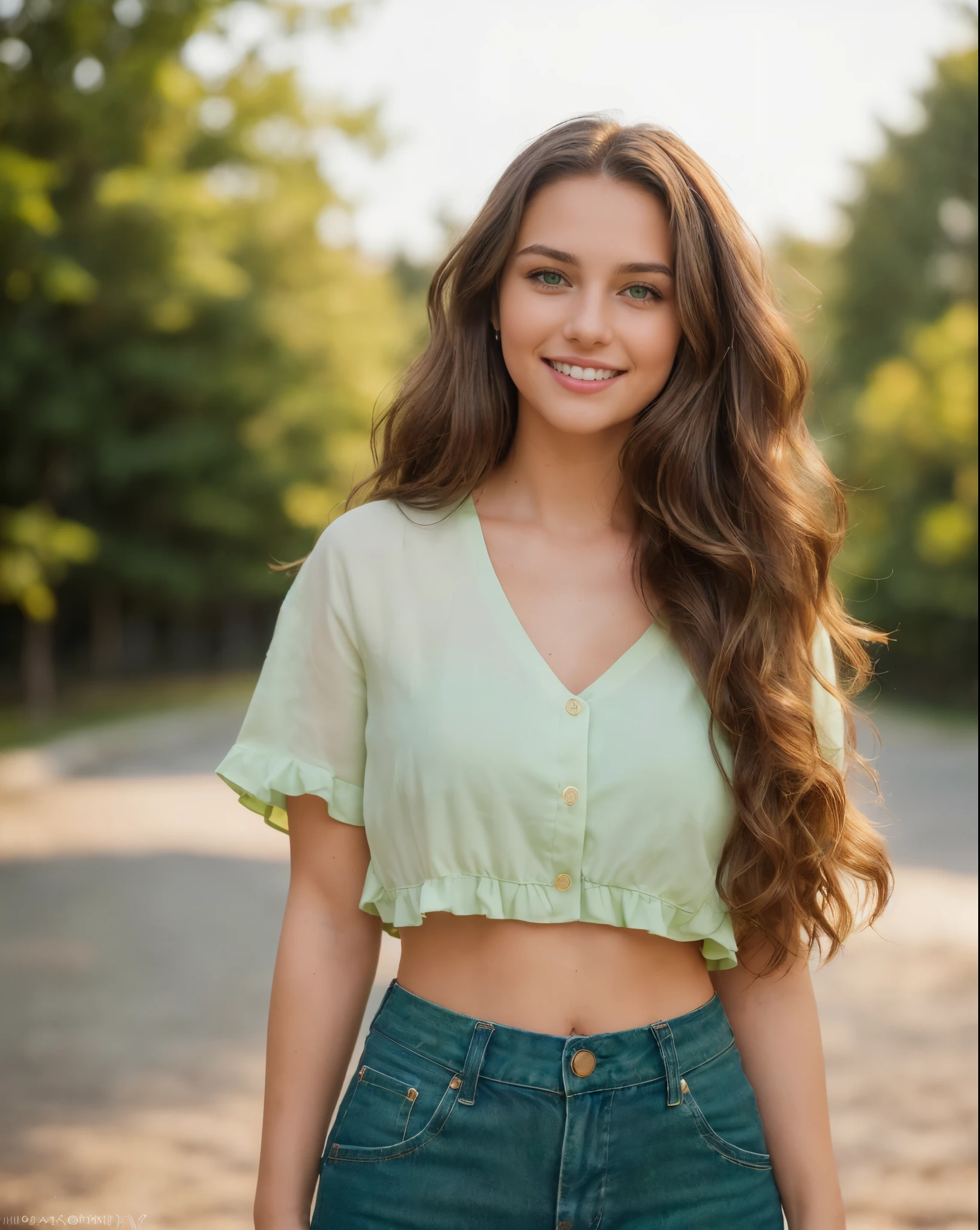 (masterpiece), (best quality), (RAW), (16k), (photo), (photorealistic), (ultra realistic), (high detail), (focus, HDR camera, (hight resolution), ISO 100, f/2.8, 85mm, 1/125s, instagram photo, dynamic pose ((only one young woman), (19 years old)), (high skin detail), (brunette, wavy hair, brown hair, (long hair), ((green eyes)), (high skin detail), ((brunette, wavy hair, brown hair)), (((smile))), (standing), (full body) , hard shadowasterpiece), (best quality), (RAW), (16k), (photo), (photorealistic), (ultra realistic), (high detail), (focus, HDR camera, (hight resolution), ISO 100, f/2.8, 85mm, 1/125s, instagram photo, dynamic pose ((only one young woman), (19 years old)), (high skin detail), (brunette, wavy hair, brown hair, (long hair), ((green eyes)), (high skin detail), ((brunette, wavy hair, brown hair)), (((happy))), (standing), (full body) , hard shadows, Today I stopped for a moment to reflect on the little things that make life so special. Every shared smile, every tight hug, every sunset I've been lucky enough to witness. It's amazing how, at the end of the day, it's these simple moments that fill our hearts with joy and gratitude. I want to thank all of you for being part of my journey and for bringing so many colors to my days. Let's spread love and positivity wherever we go!