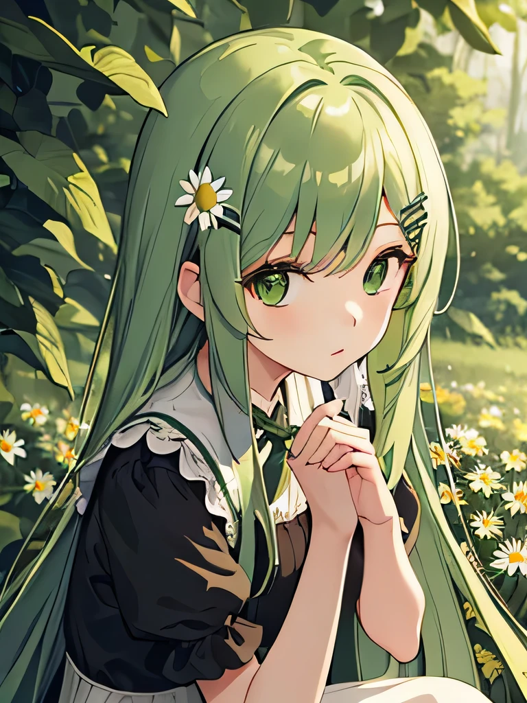 (masterpiece, best quality),1girl with long green hair sitting in a field of green plants and flowers, her hand under,looking to viewer, warm lighting, white and black dress, using daisy hairclip, forest foreground, close up, high quality hands