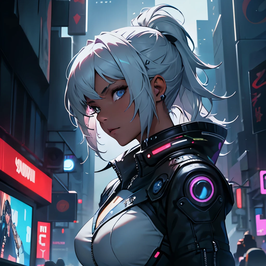 ultra detail, high resolution, ultra detailed, best quality, incroyable, superior quality, fond d&#39;Extremely detailed Unity 8k CG display, Cinema lighting, fangirl aux courtes cheveux blancs avec des traits noires, Cyberpunk, jeune fille , tenant une mitrailleuse futuriste, in blue cybernetic blouse 