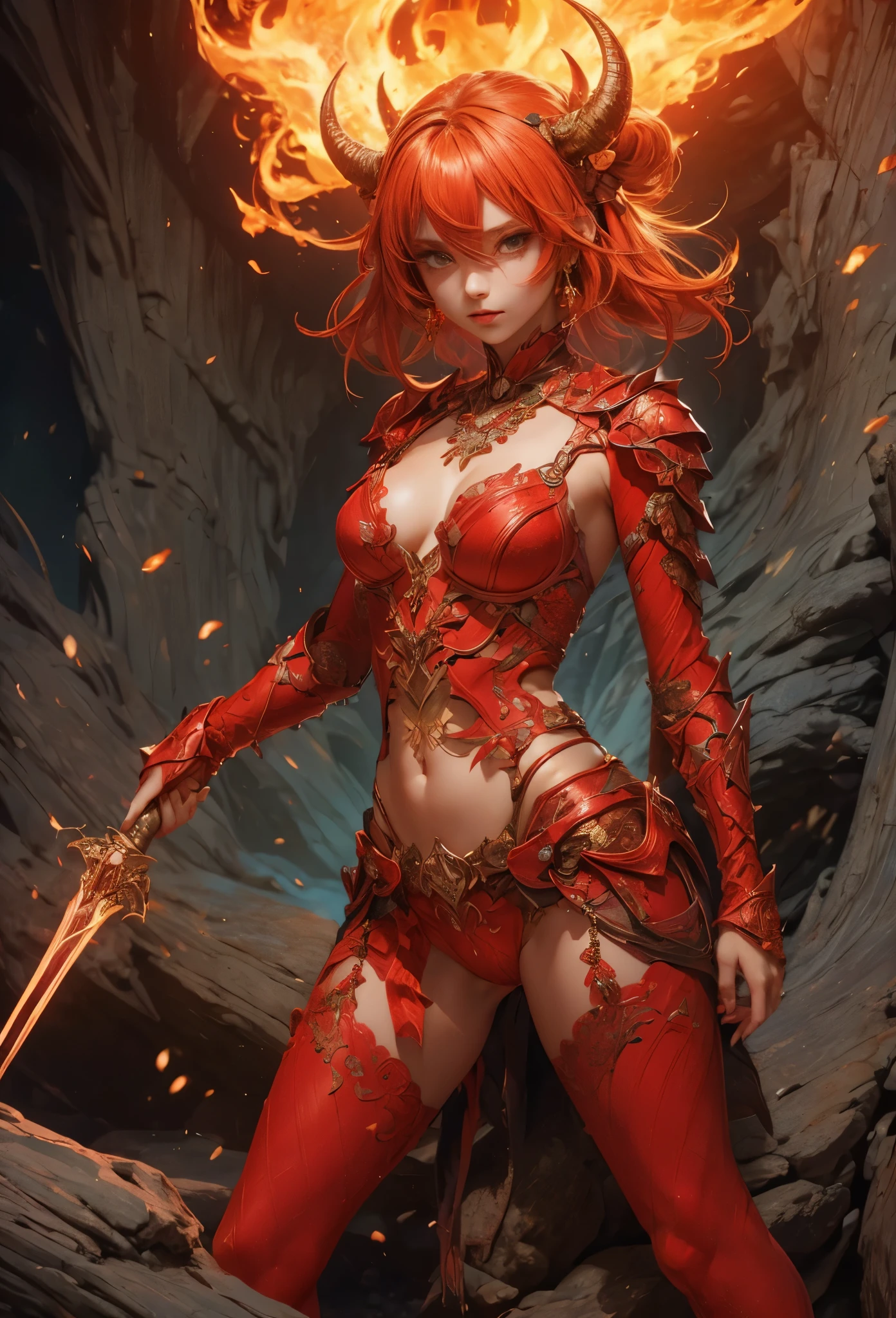 ((Highly accurate drawing in every detail)Extremely precise depiction)[High resolution],(detailed illustrations,とてもfineで緻密な描画,Delicate drawn lines with tempo,Realistic texture expression),[color traced main line],[Lava cave background [Hot hell:0.4]],HENAI ANIME (Red-skinned DemonGirl 19 years old slender muscular) Flame hair (Devil's Knight:0.8),(Bone armor [crack in the chest:0.6] [Blade of Fresh Blood:0.4]) (edge),[[dark fantasy]],(intricate and beautiful decoration [Dense detail]),(Fine and beautiful skin expression [transparency]),((Precisely drawn eyes))[完璧な目のdetailed((Beautiful eyes like jewels)Iris drawn in precise detail)[clearly drawn pupils]],[eye light[Pinpoint lighting for the eyes]],[long and beautiful eyelashes],[precisely drawn hair [美しく艷やかな髪のdetailed]],(完璧な手のdetailed [Beautiful fingers with no damage [beautiful nails]]),(perfect anatomy(perfectly balanced proportions))[[full body portrait]],[ideal color coordination(Accurate simulation of light and material interactions)],([precision detail](detailed,高fine)),[Visual art that tells a story],((highest quality)fine[[High density drawing]])(4K quality).