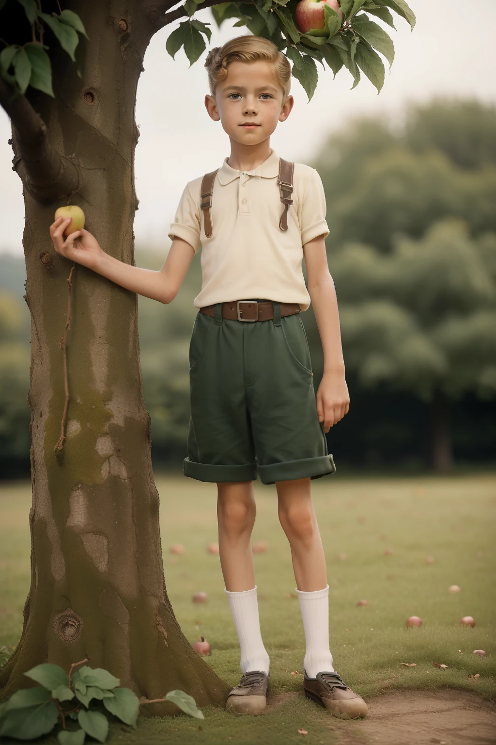 Molching, Germany, 1940. ((((-yeld)) y Steiner)), very thin boy, athletic, bony legs, gangly eyes, climbing an apple tree, on top of a branch, grabbing an apple. ((((casual poor clothings from the 1940)))), ((light-blond hairstyle of the 1940s))