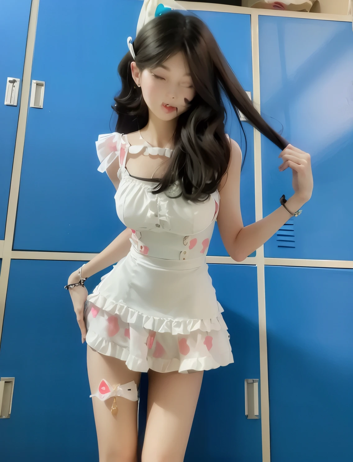there is a woman in a white skirt standing in front of lockers, Sleek white skintight suit, y 2 k cute core clowncore, cat boy role play! maid! skirt, maid outfit, frilly clothing, White fluffy suit, Anime Girls Cosplay, cute core, personal care clothing, 2263539546]