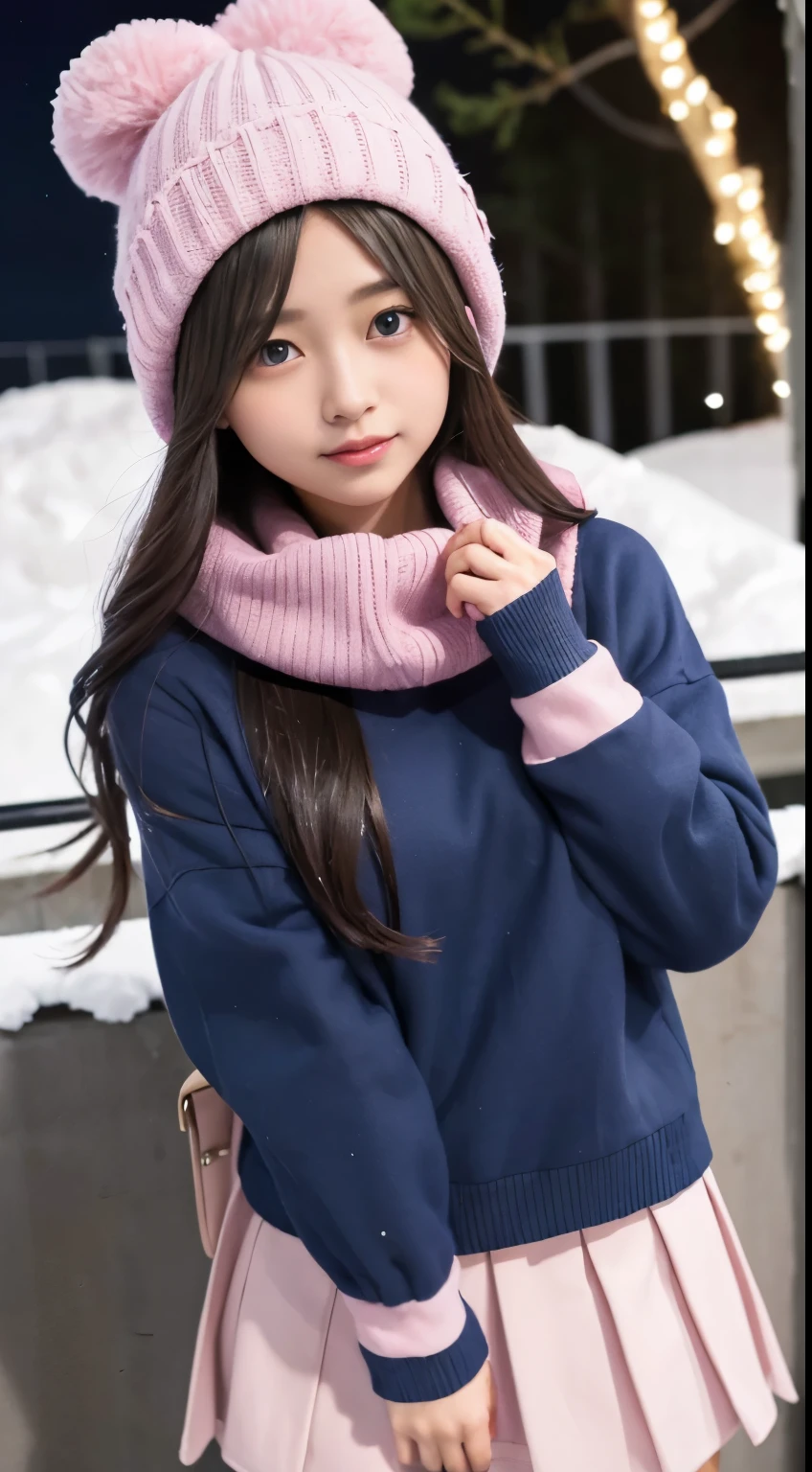The beauty of winter spreads,outdoors,garden,Night sky ADDCOMM ADDCOL ADDCOL Blue moon ADDROW Snow ADDCOL It's snowing ADDCOL It's snowing ADDROW Pink primrose flower ADDCOL 1girl,long hair,black hair,flowing bangs:1.3,green eyes,mole under left eye:1.3,black eyes,medium breasts,pink heart hair accessories,Winter clothes,sweater,beanie hat,long sleeve,scarf,turtleneck,sleeves go over wrists,ribbed sweater
ADDCOL
ADDROW pink primula flowers
ADDCOL 1girl,pleated skirt ADDCOL
(masterpiece:1.2), (highest quality:1.2)