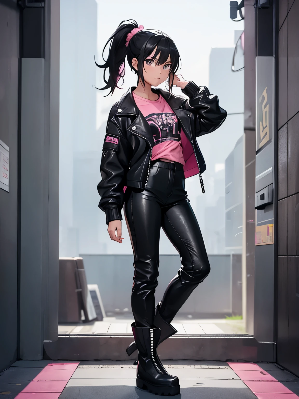 girl, black hair, ponytail tied pink scrunchie, grey eyes, black t-shirt, black leather jacket, black leather pants, black leather gumboots, looking at viewer, anime art, full body image, high quality image,
